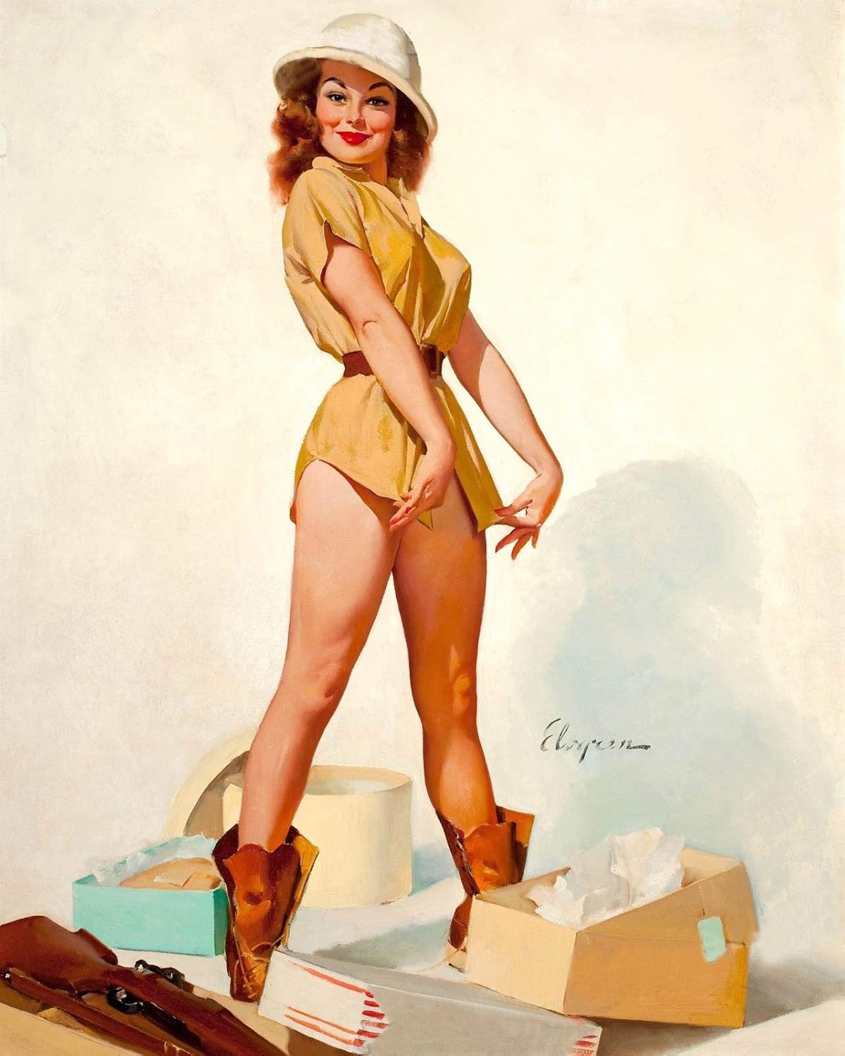 Imán Elvgren Sexy Pin-Up Girl Fit to Kill Hunting Magnet Lámina magnética de vinilo para taquillas, coches, carteles, refrigerador de 5 pulgadas