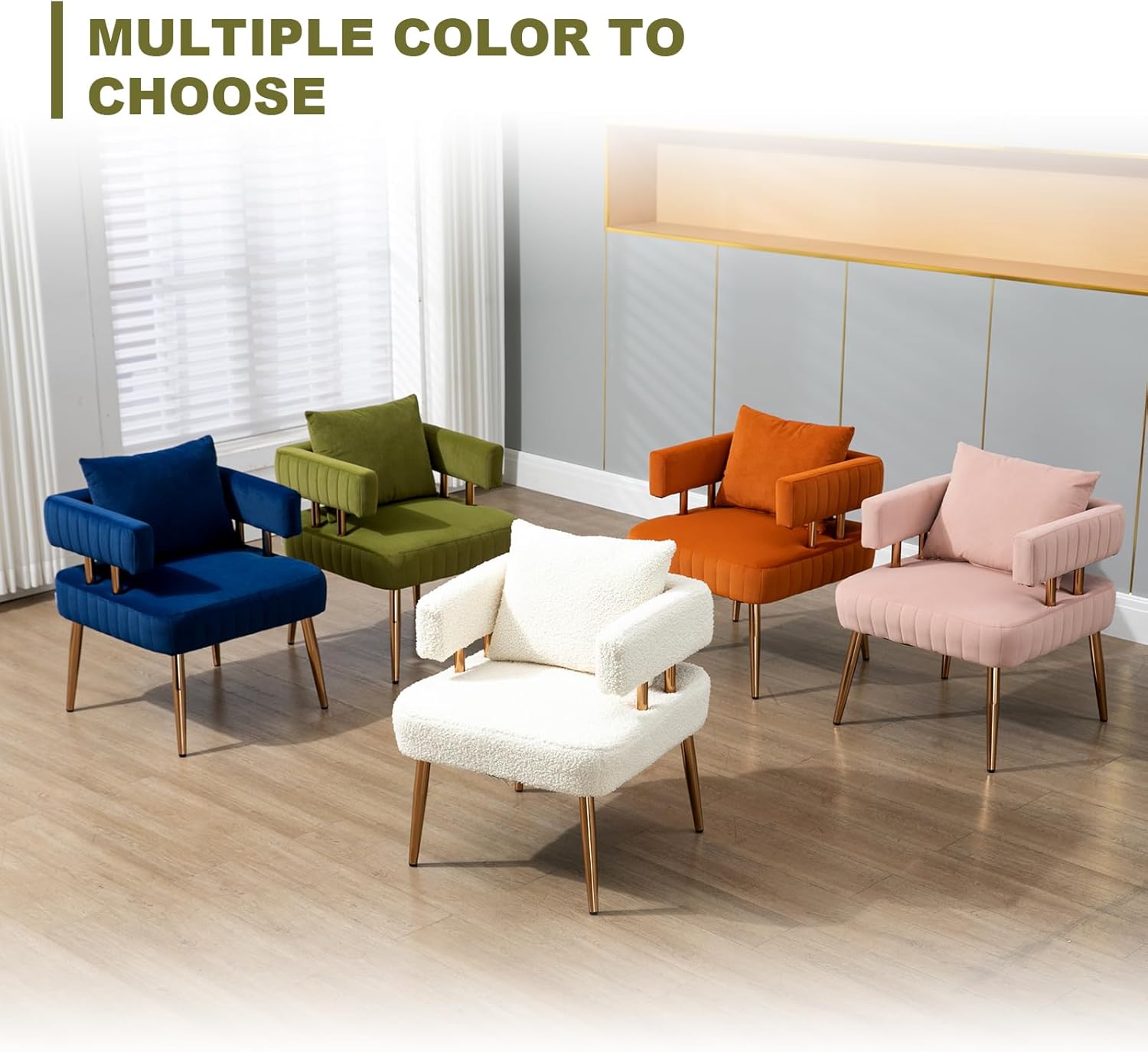 Sillón moderno y decorativo, cómodo sillón tapizado de terciopelo con almohada, respaldo abierto con patas doradas, sillón de lectura para sala de