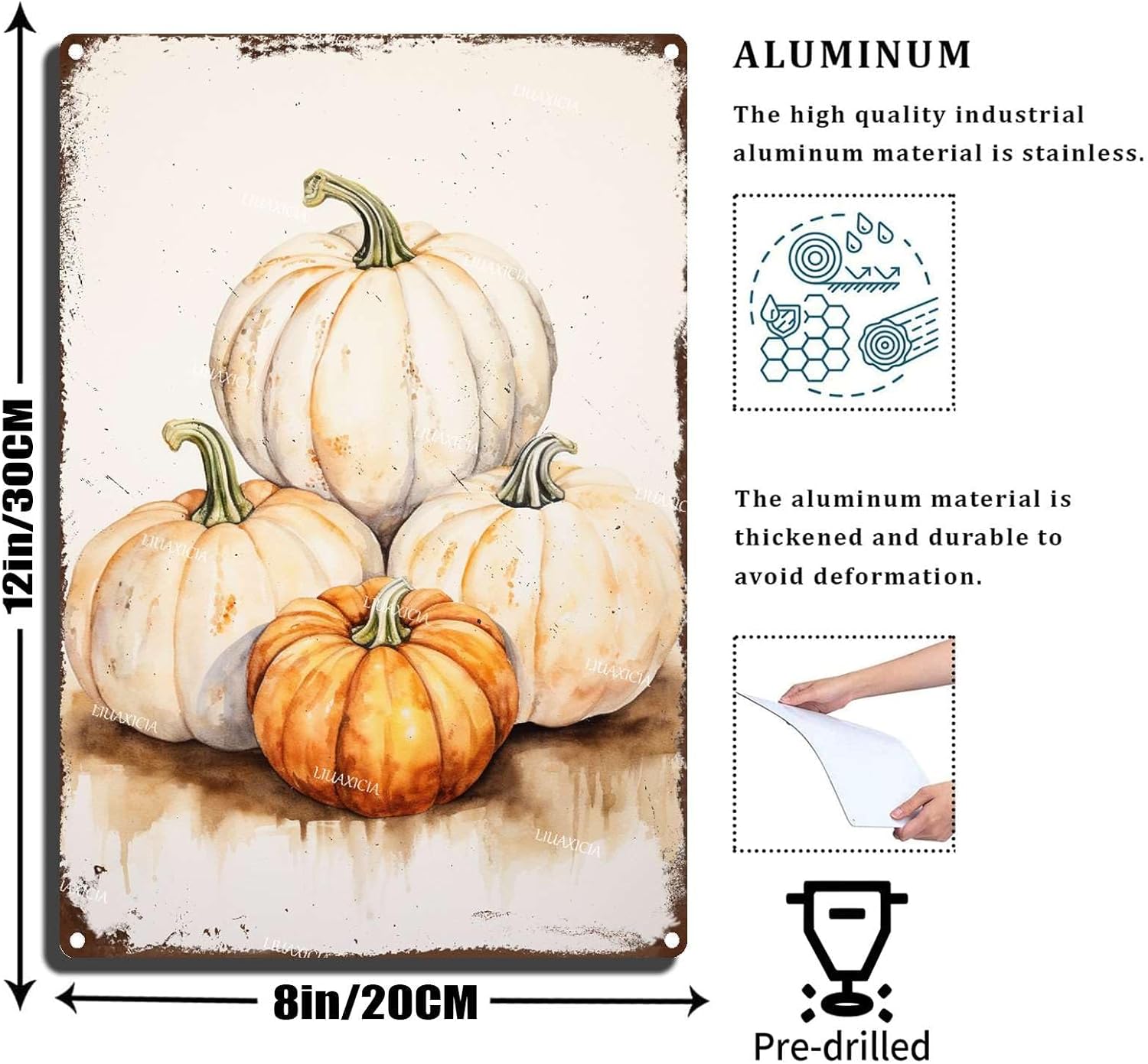Letrero de hojalata con estampado de calabaza, acuarela, calabaza, arte de pared, decoración de otoño, decoración de Acción de Gracias, decoración