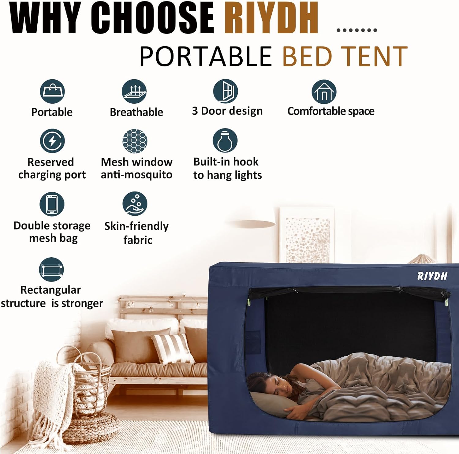 Tienda de campaña para cama completa, tienda de campaña portátil de ensueño para niños y adultos, tiendas de campaña para dormir interiores 70%