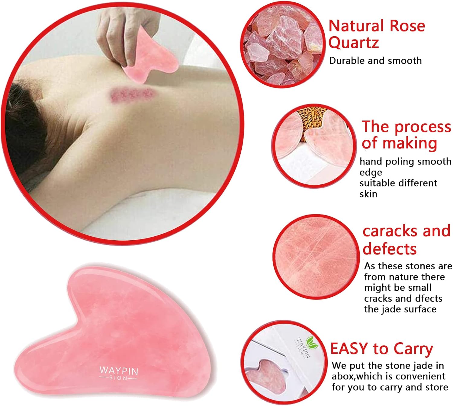 Gua Sha Stone, herramienta Guasha de cuarzo rosa para masaje facial y corporal de piel, herramienta diaria antienvejecimiento para la salud y el