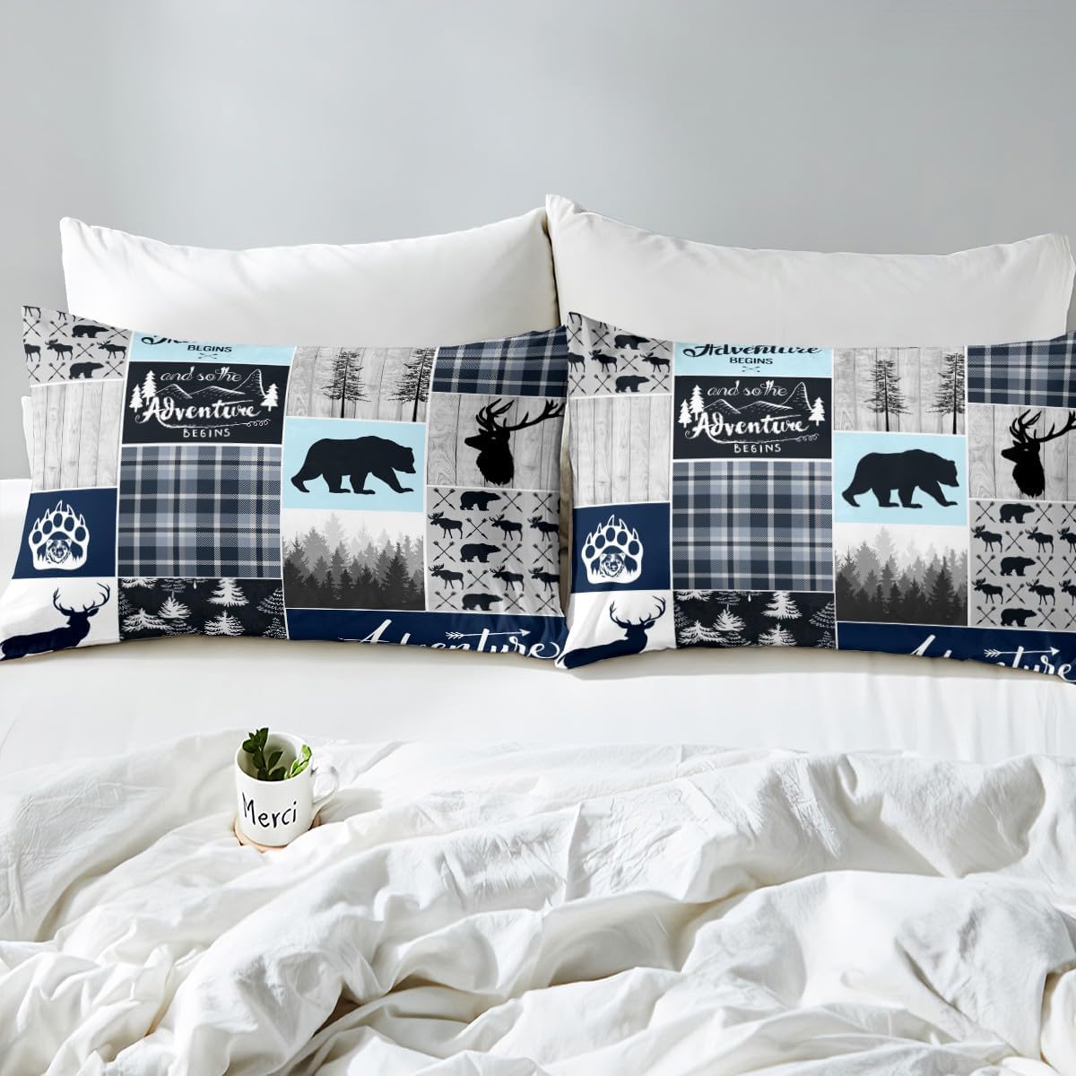 Juego de ropa de cama de cabaña de granja, funda de edredón rústica de oso y ciervo, tamaño Queen, funda de edredón de retazos de bosque para niños,