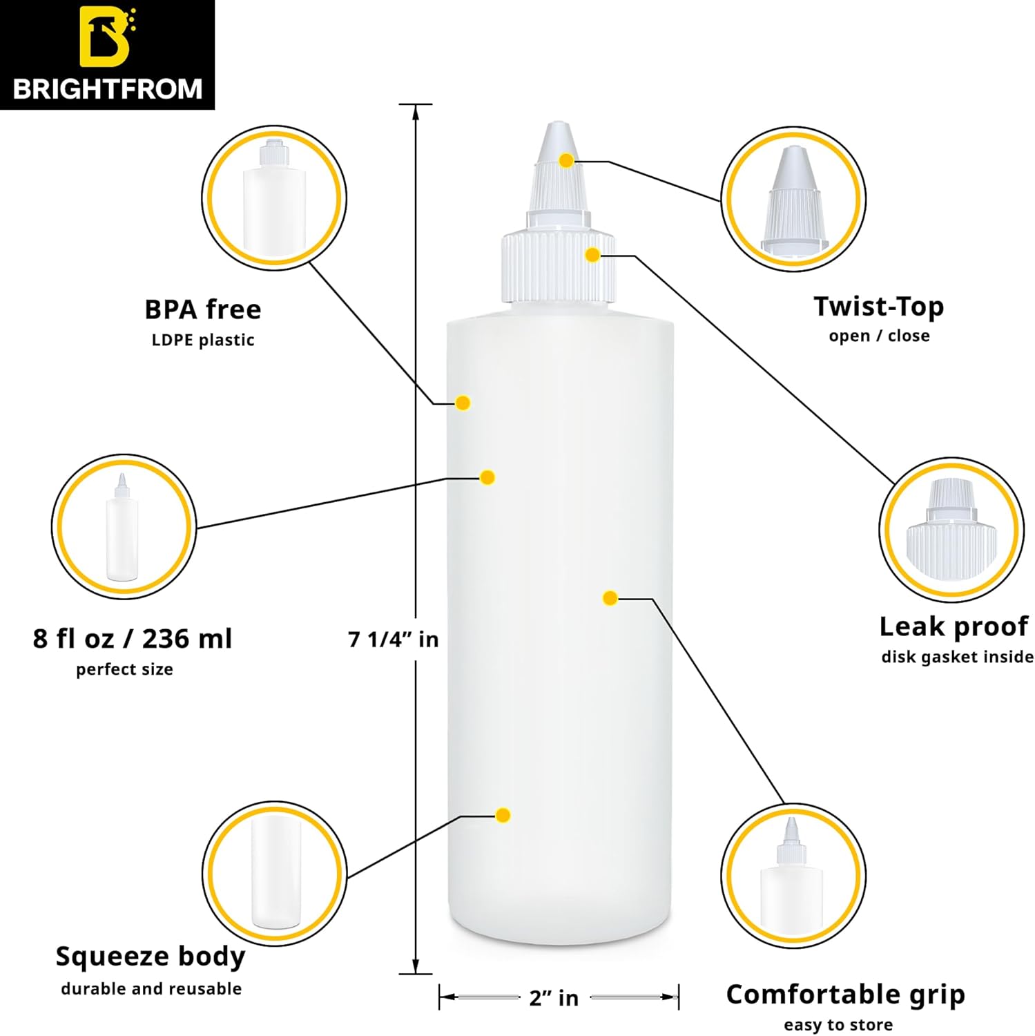 BRIGHTFROM Botellas exprimibles para condimentos, botella vacía de 8 onzas con tapa superior giratoria, a prueba de fugas, ideal para salsa de