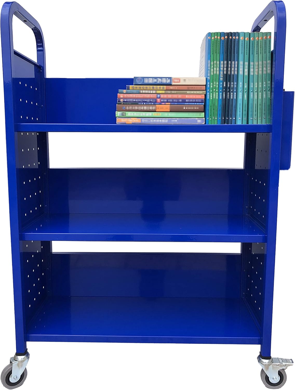 Carrito de libros con 3 estantes planos, carrito de libros de biblioteca con ruedas giratorias bloqueables 3001 azul