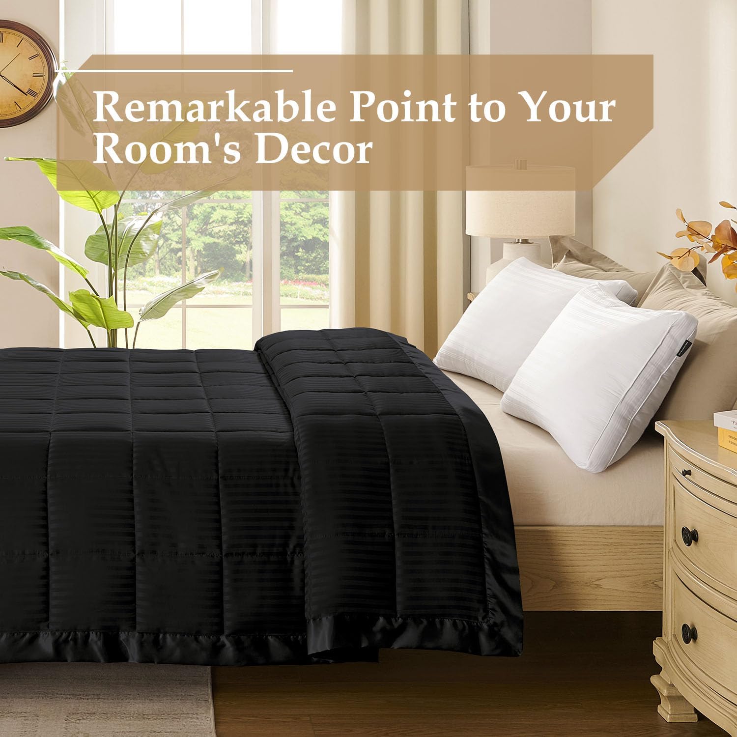 downluxe – Manta con ribete de satén, ligera, con relleno alternativo, para todas las estaciones, lavable a máquina, tamaño individual (color negro,
