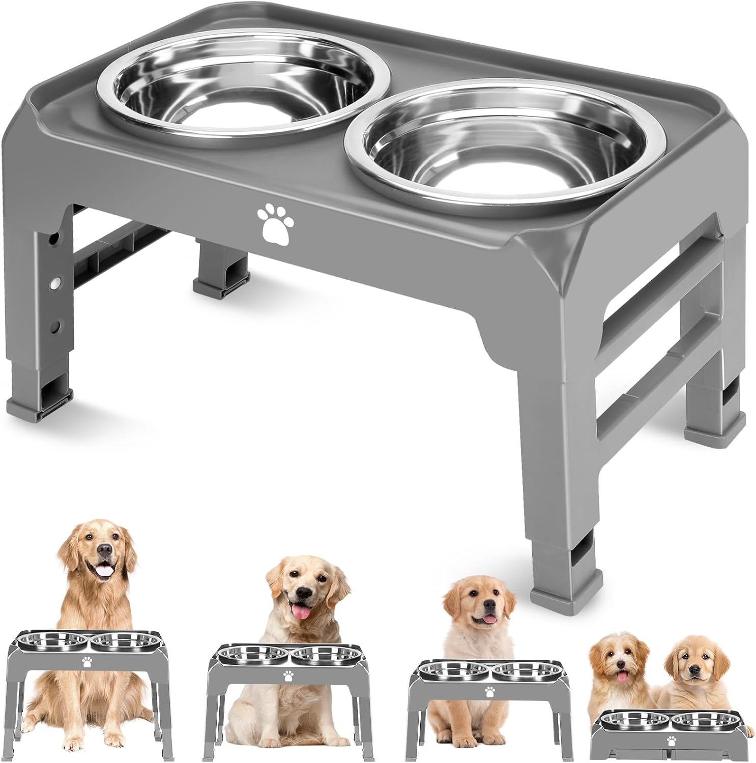 Tazones elevados para perros con altura ajustable con 2 cuencos de acero inoxidable para alimentos para perros, comedero plegable antideslizante