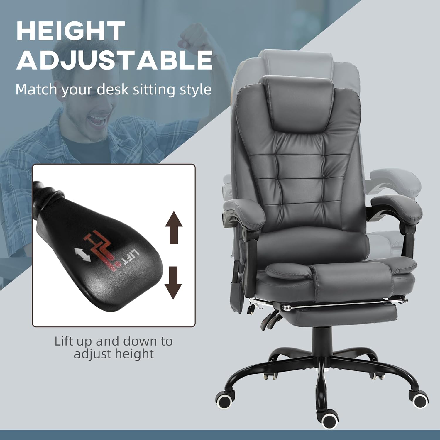 Vinsetto Silla de oficina de masaje vibratorio de 7 puntos, reclinable ejecutivo de respaldo alto con soporte lumbar, reposapiés, respaldo