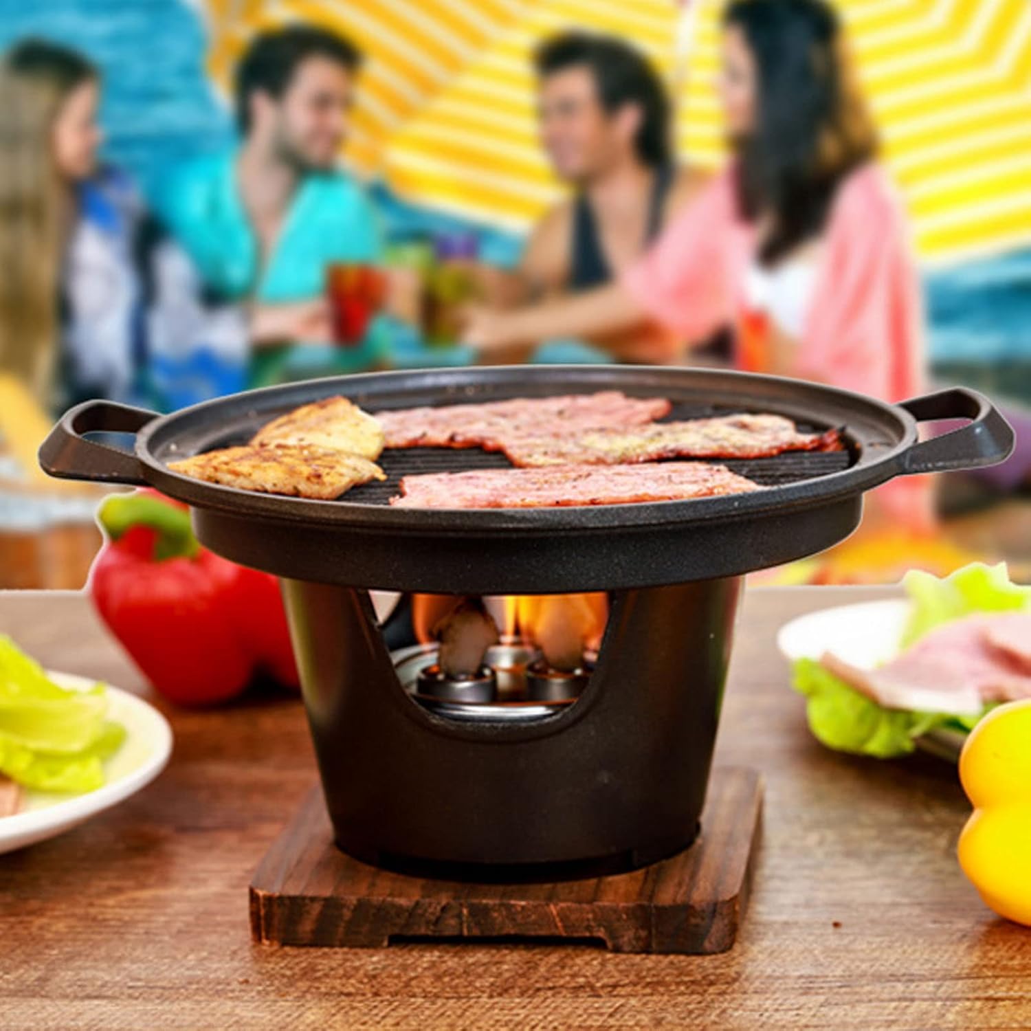 Parrilla de carbón, parrilla de carbón portátil Hibachi japonesa con base de madera, 8.46 x 6.89 x 5.31 pulgadas, parrilla portátil sin humo de