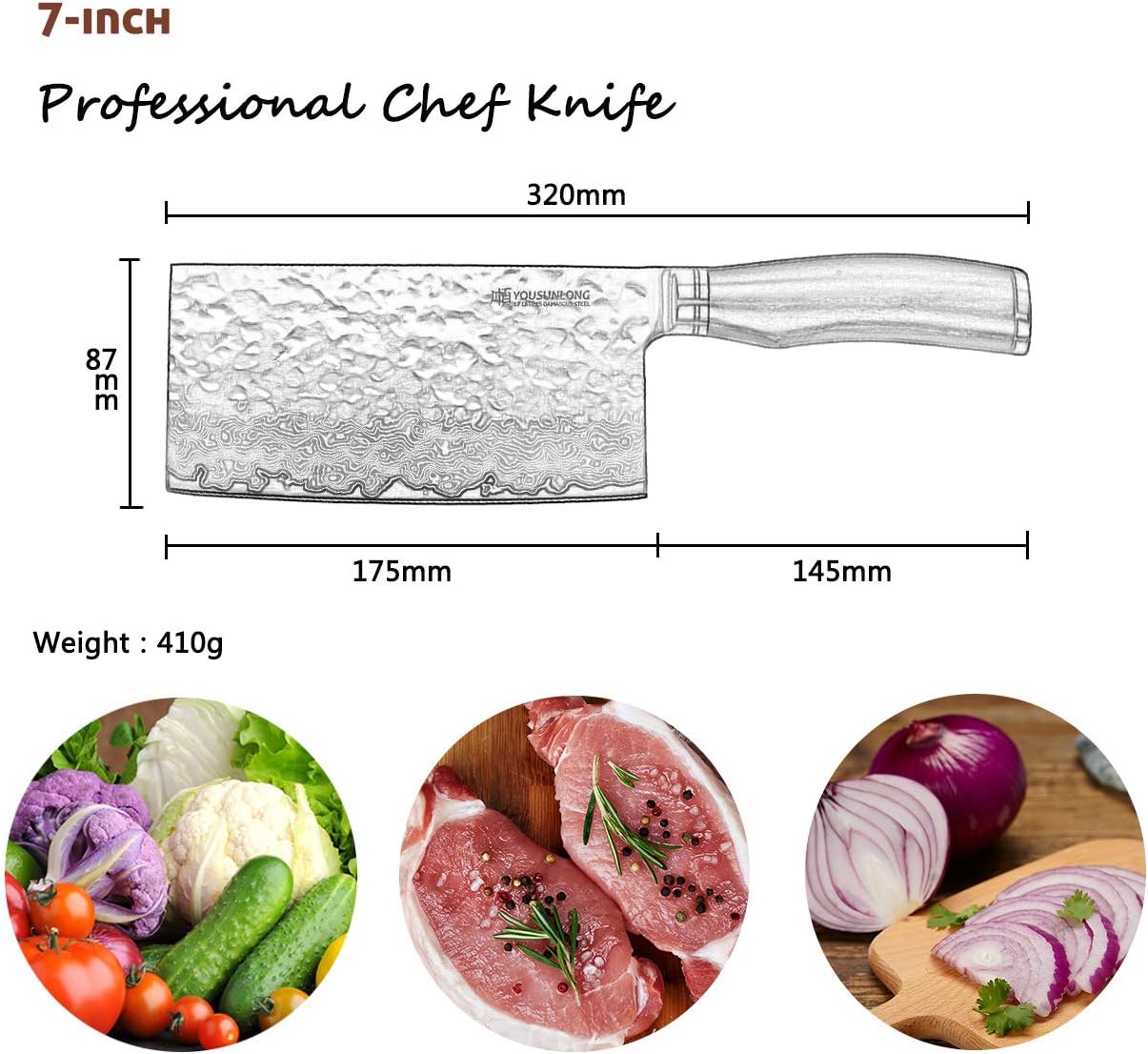 YOUSUNLONG Carne Cleaver – Cuchillo chino para verduras de 7 pulgadas, acero de damasco martillado japonés, mango de madera de plomo natural