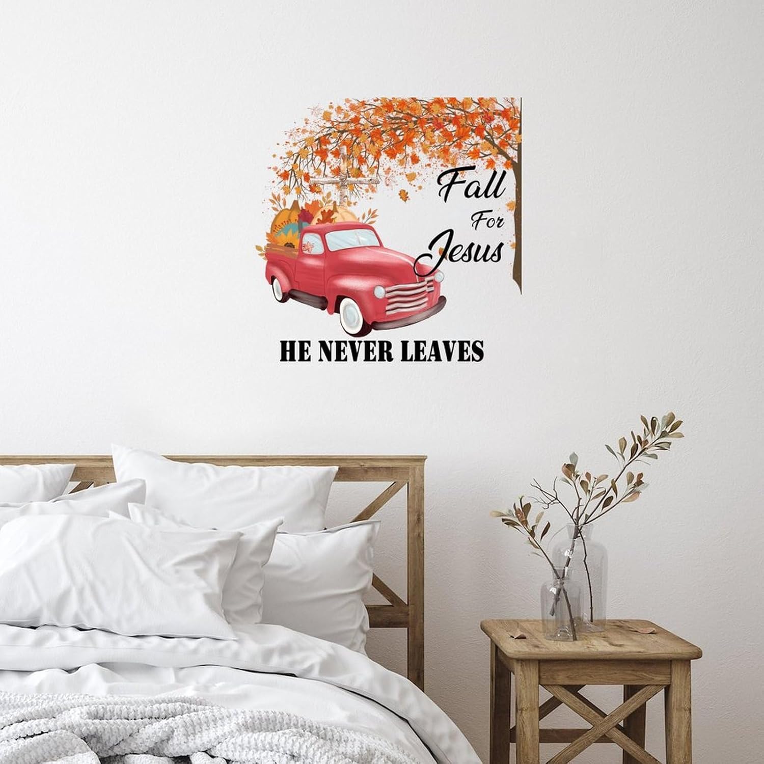 Calcomanías artísticas de pared con texto en inglés “Fall for Jesus He Never Leaves” (“Fall for Jesus He Never Leaves”) – Calcomanías de pared con