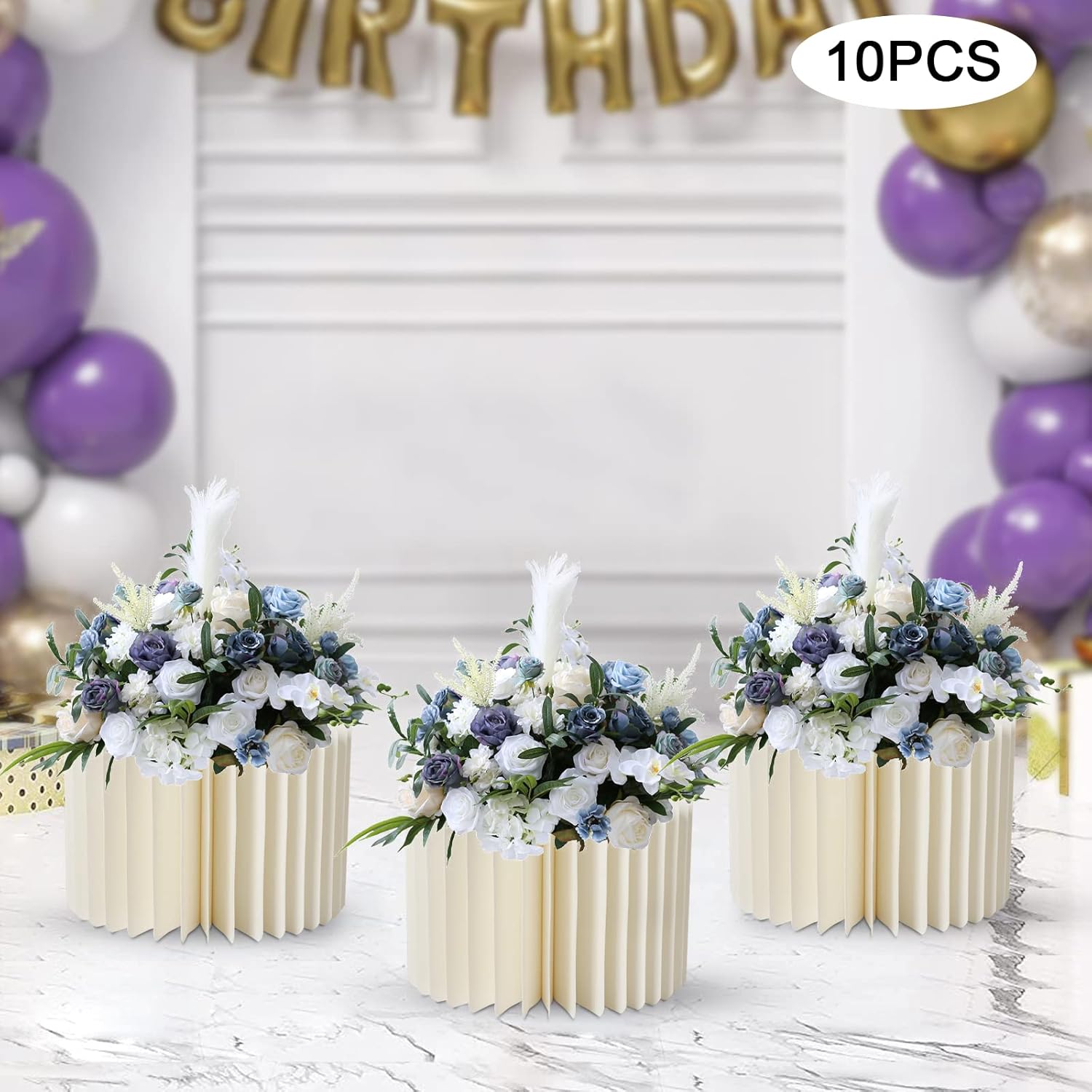 Centros de mesa de boda, jarrones de cartón, 10 columnas plegables con tapa acrílica, jarrón alto para flores, soporte cilíndrico de mesa para