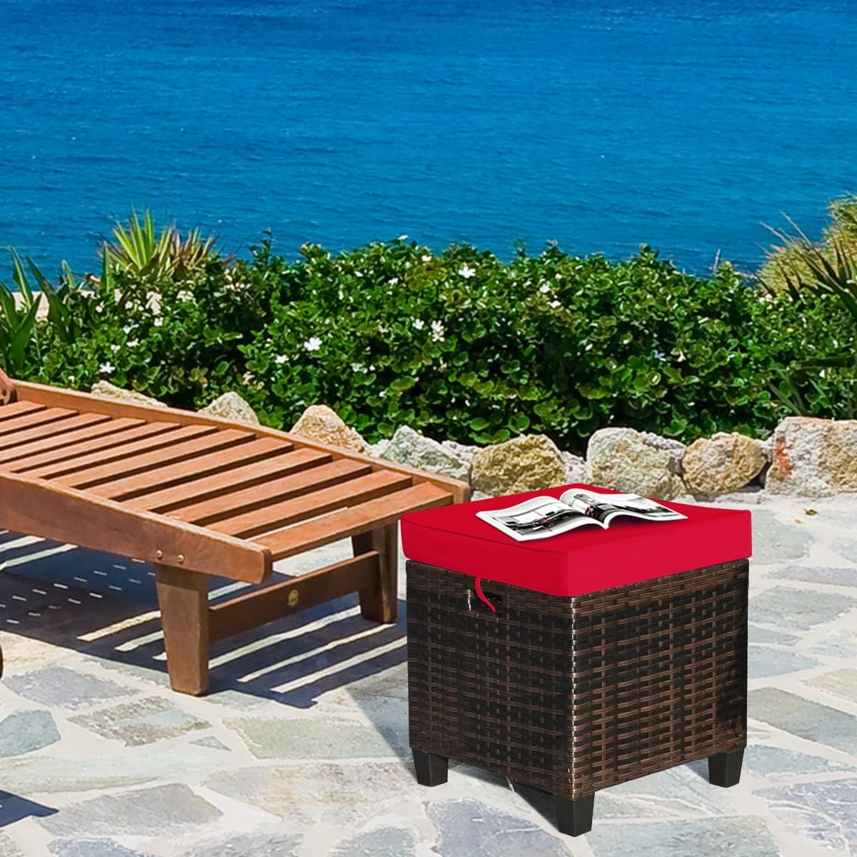 HAPPYGRILL Juego de 2 piezas otomanas de mimbre de ratán para exteriores, con cojines extraíbles, muebles de patio, reposapiés, asiento para