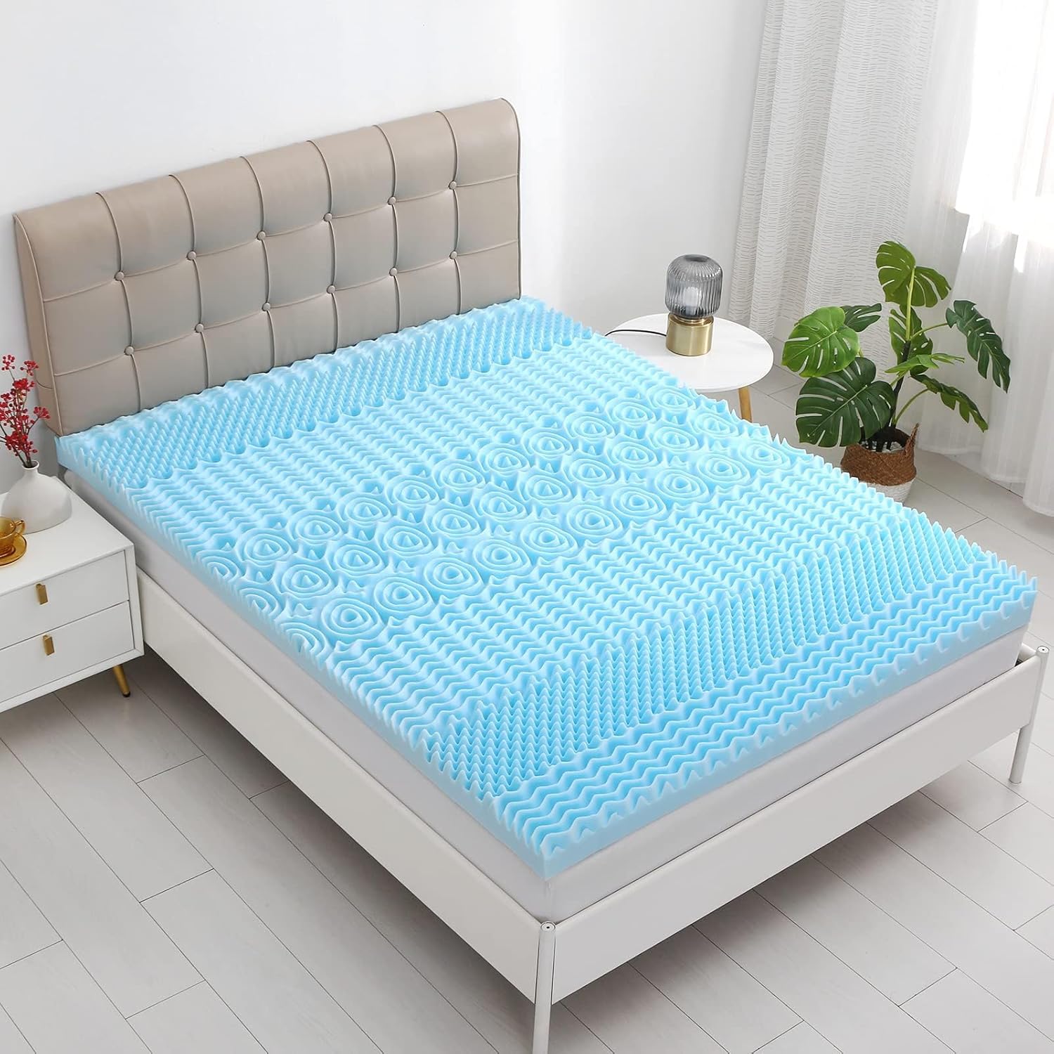 YUGYVOB Cubrecolchón de espuma viscoelástica de 2 pulgadas, tamaño matrimonial, 7 zonas, para dolor de espalda, con infusión de gel refrescante,