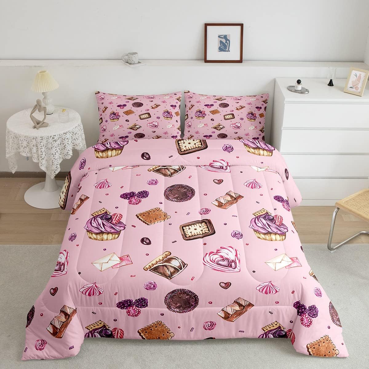 Juego de edredón de postre para niñas, tamaño Queen, juego de ropa de cama gourmet de pastel de galletas, 3 piezas para adolescentes, niños y