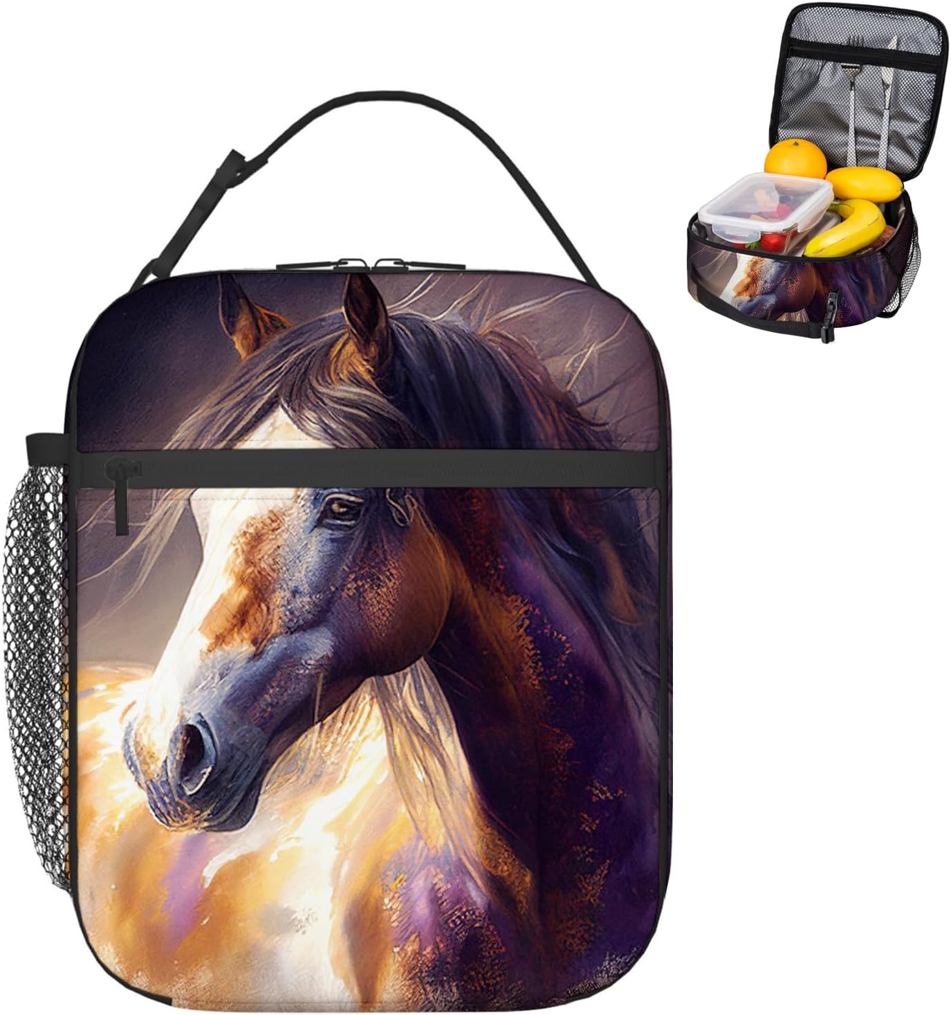 Cioroper Bolsa de almuerzo aislada marrón con caballo de acuarela para mujer, lonchera para hombres, bolsa de mano portátil para trabajo, picnic,