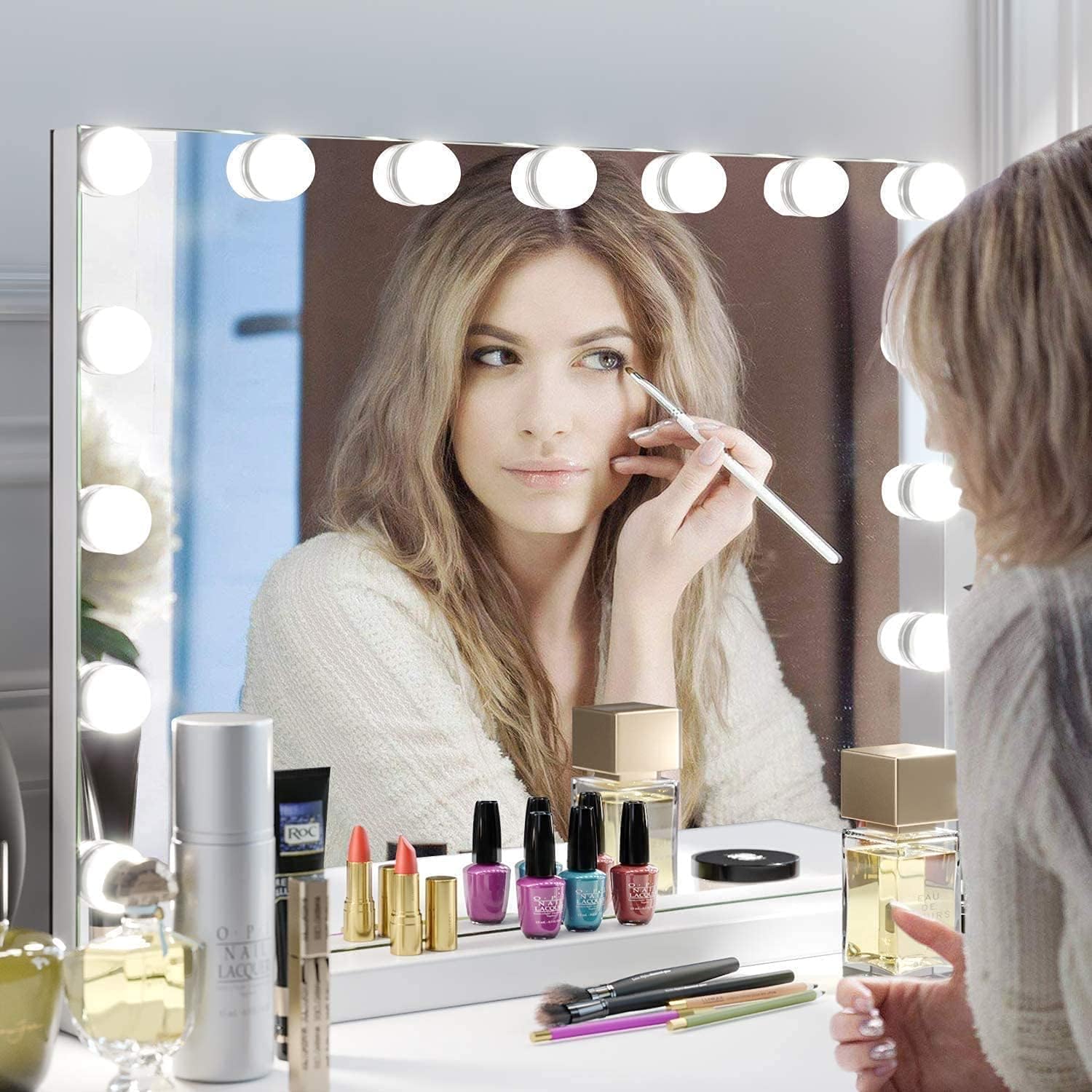 Espejo de maquillaje con luces, aumento de 10X, espejo de tocador grande iluminado Hollywood con 15 bombillas LED regulables, 3 modos de color,