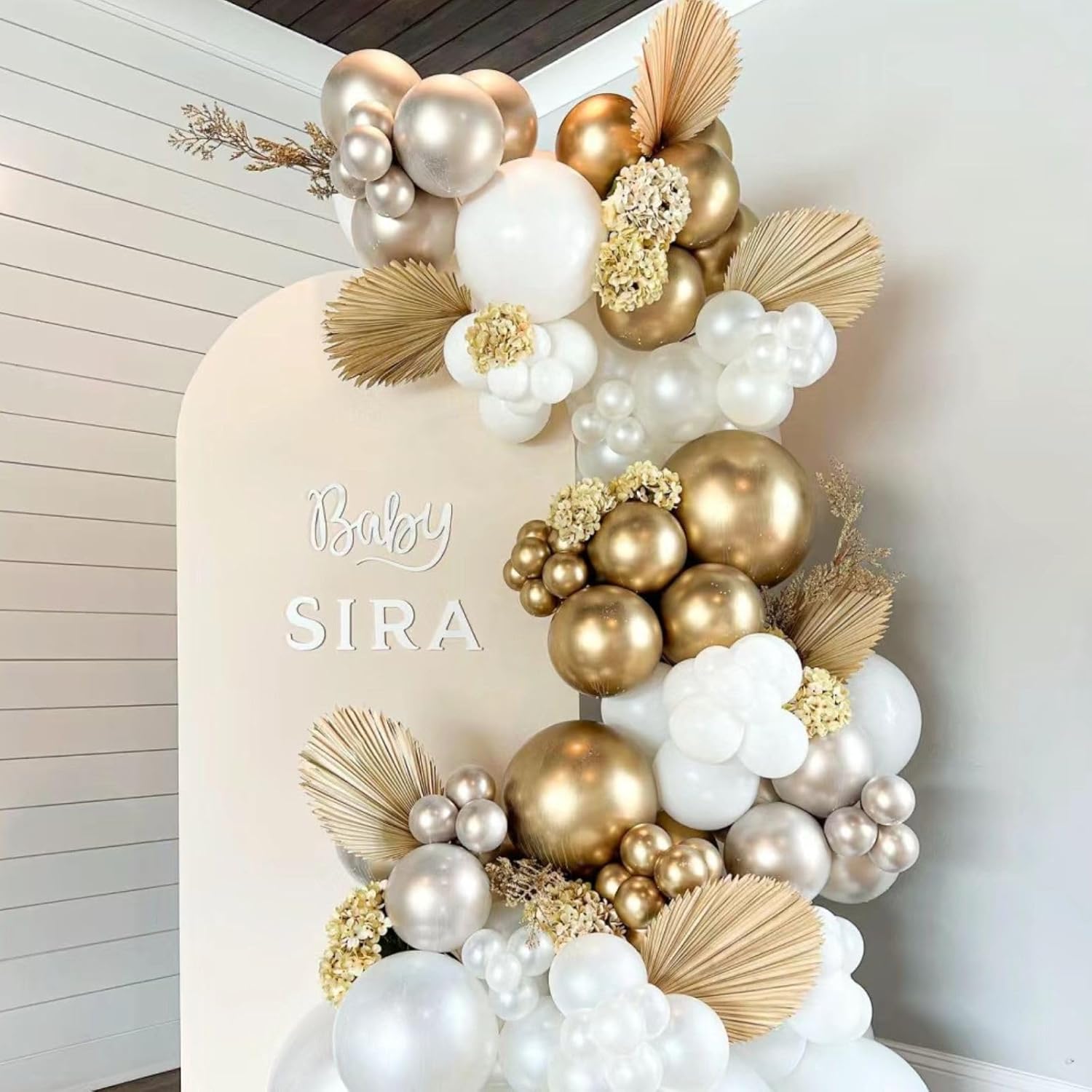 Funhot Globos blancos y dorados, 60 globos dorados y beige, globos de confeti dorado metálico de 12 pulgadas, globos de látex blanco helio para