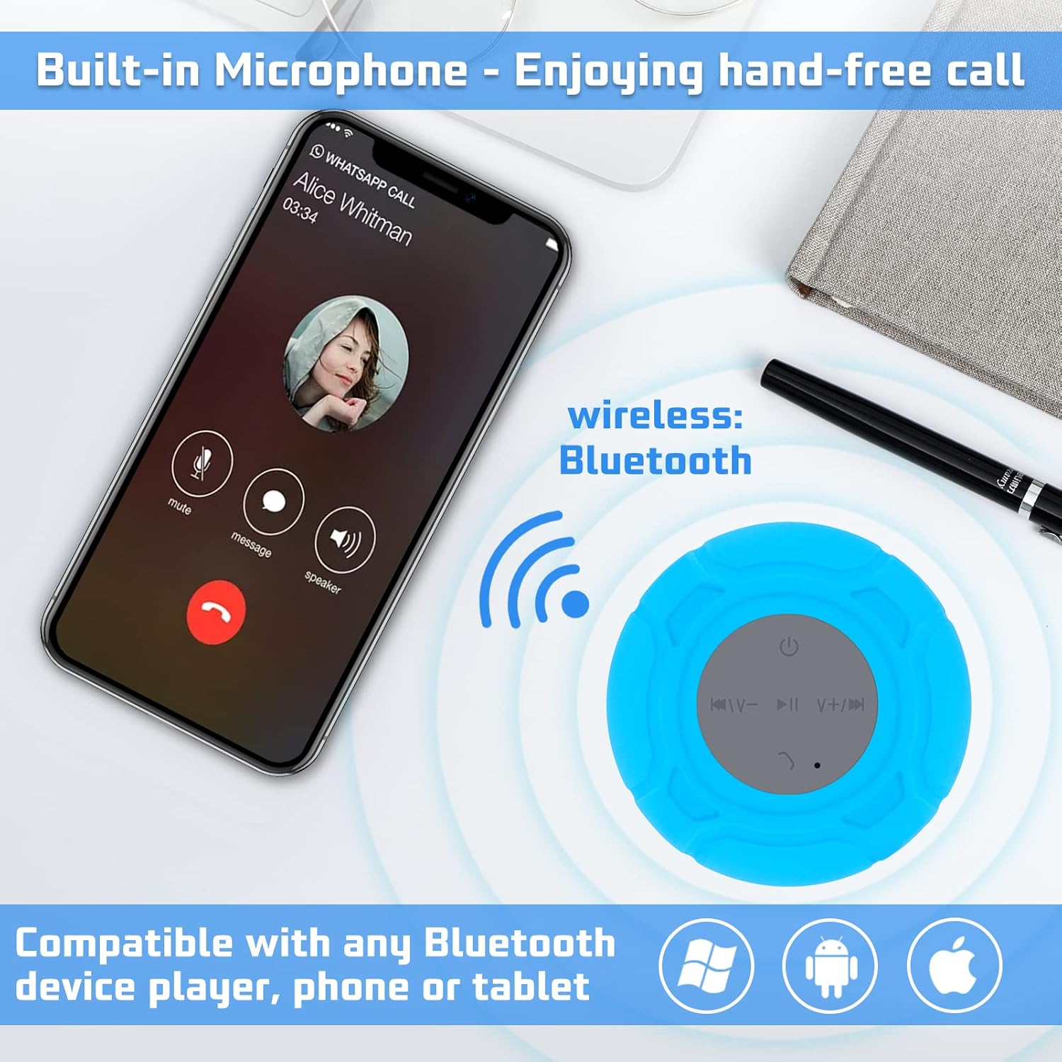 Altavoz de ducha Bluetooth impermeable portátil inalámbrico resistente al agua manos libres altavoz con micrófono incorporado, ventosa para baño azul