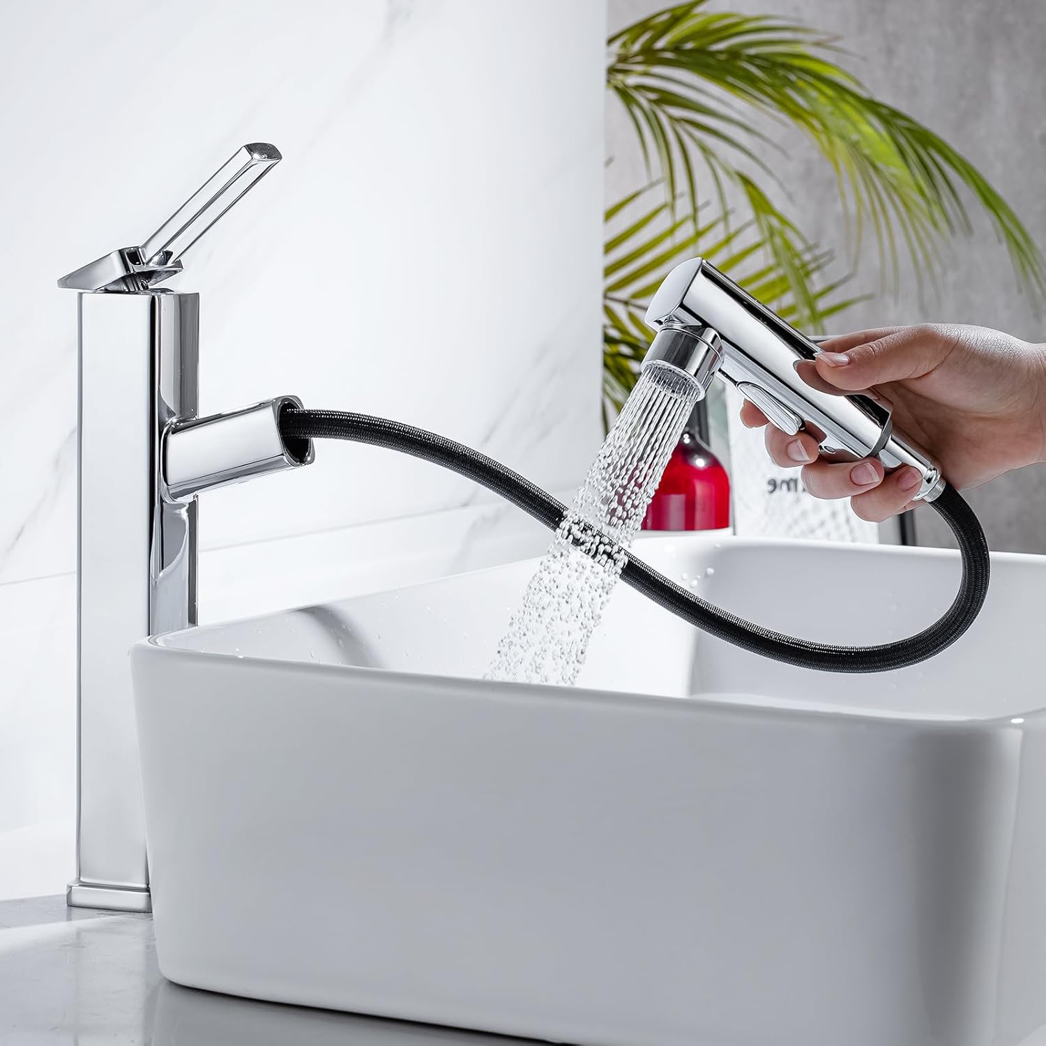 HANLIAN Grifo extraíble de baño de un solo orificio con boquilla giratoria, grifo de una manija para fregadero de baño, grifo de baño moderno con