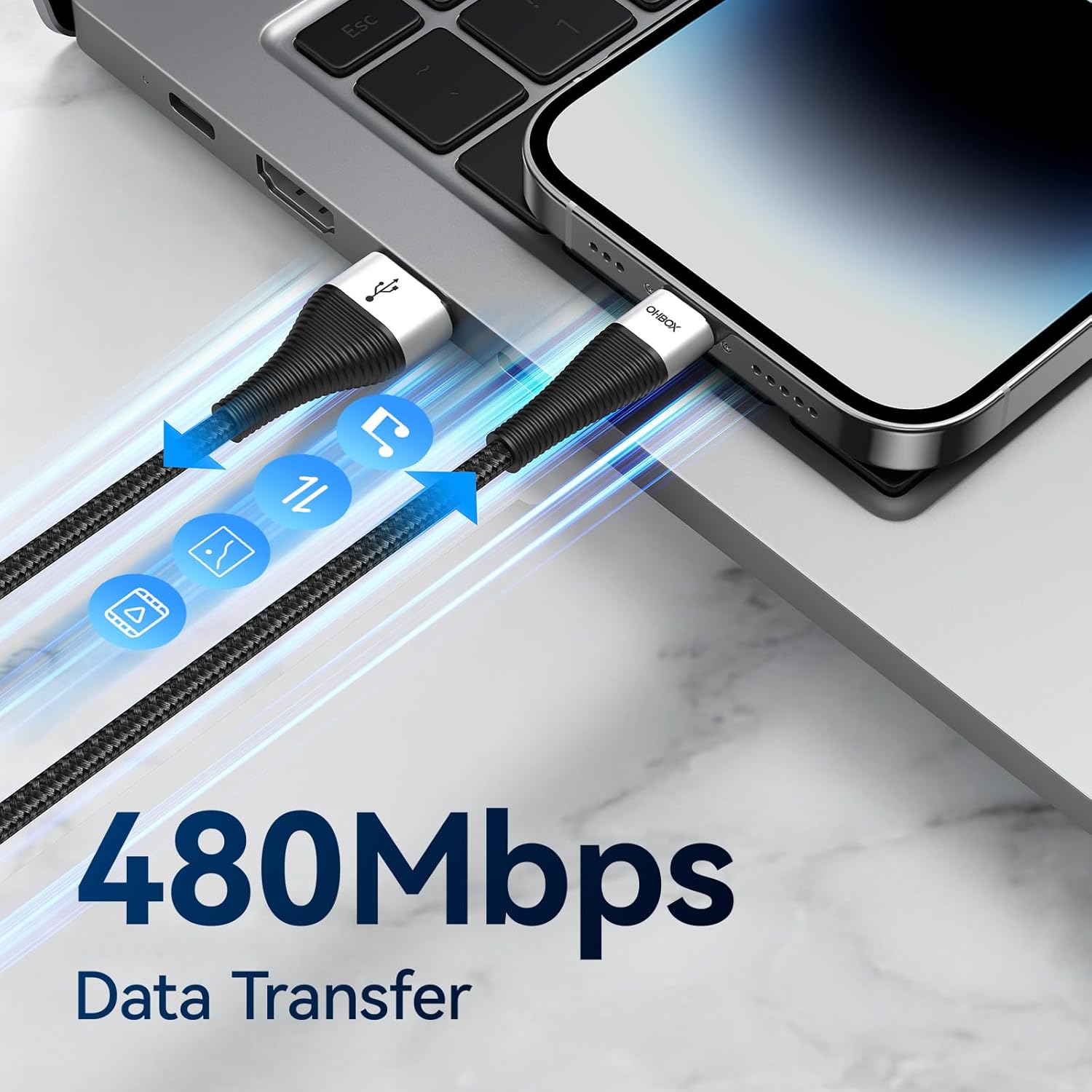 Cable de carga extra largo para iPhone de 15 pies, cable USB A a Lightning certificado MFi de Apple, cable trenzado de carga rápida compatible con