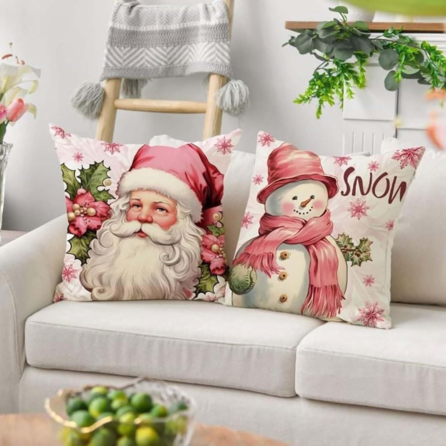 NZTGVR Fundas de almohada rosas de Navidad, impresión de letras de lino, decoración de vacaciones, almohadas decorativas de Navidad, funda de cojín