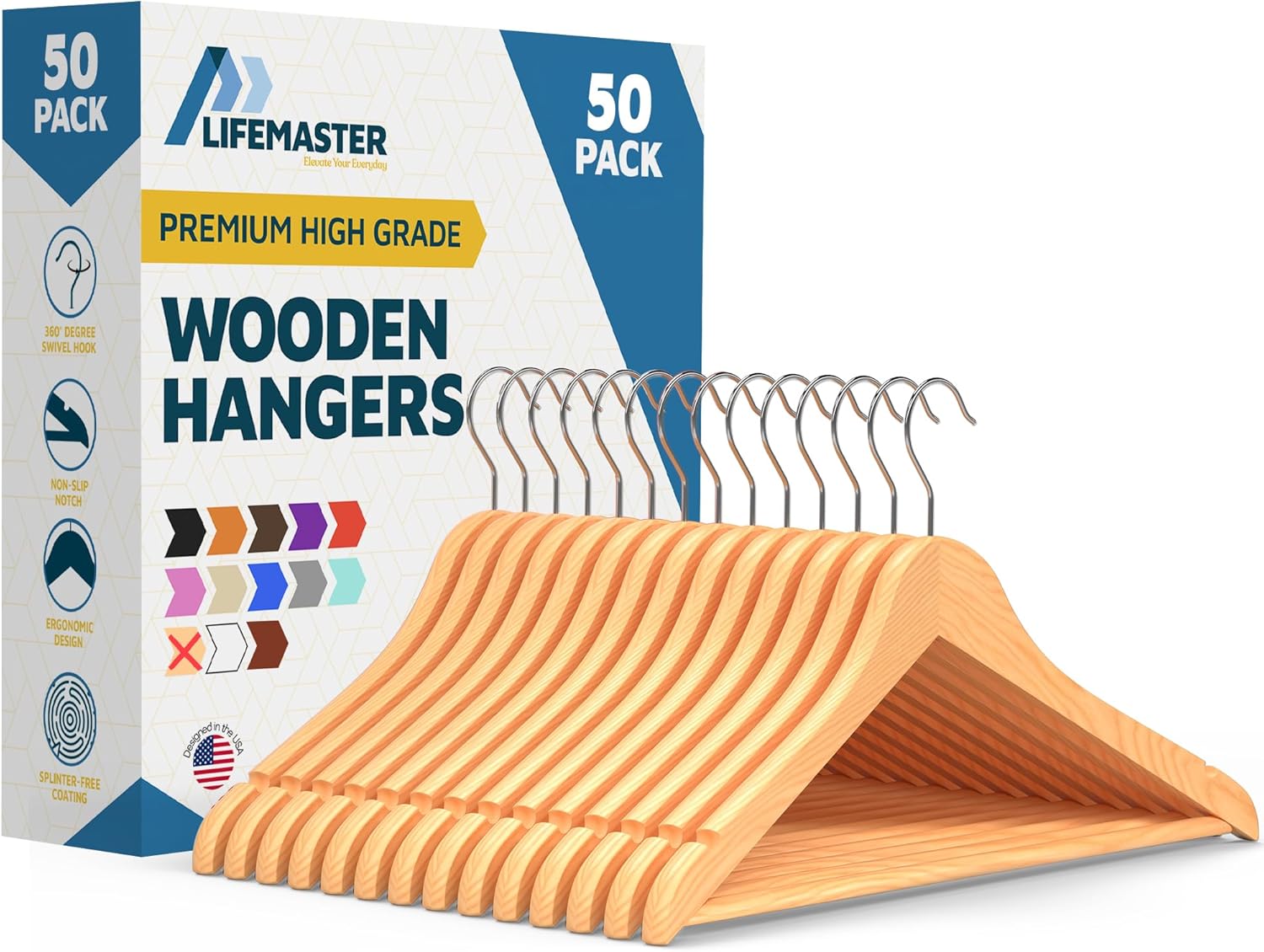 Juego de perchas de madera, 50 piezas antideslizantes y versátiles para ahorrar espacio para trajes, abrigos, camisola, chaqueta, pantalones y