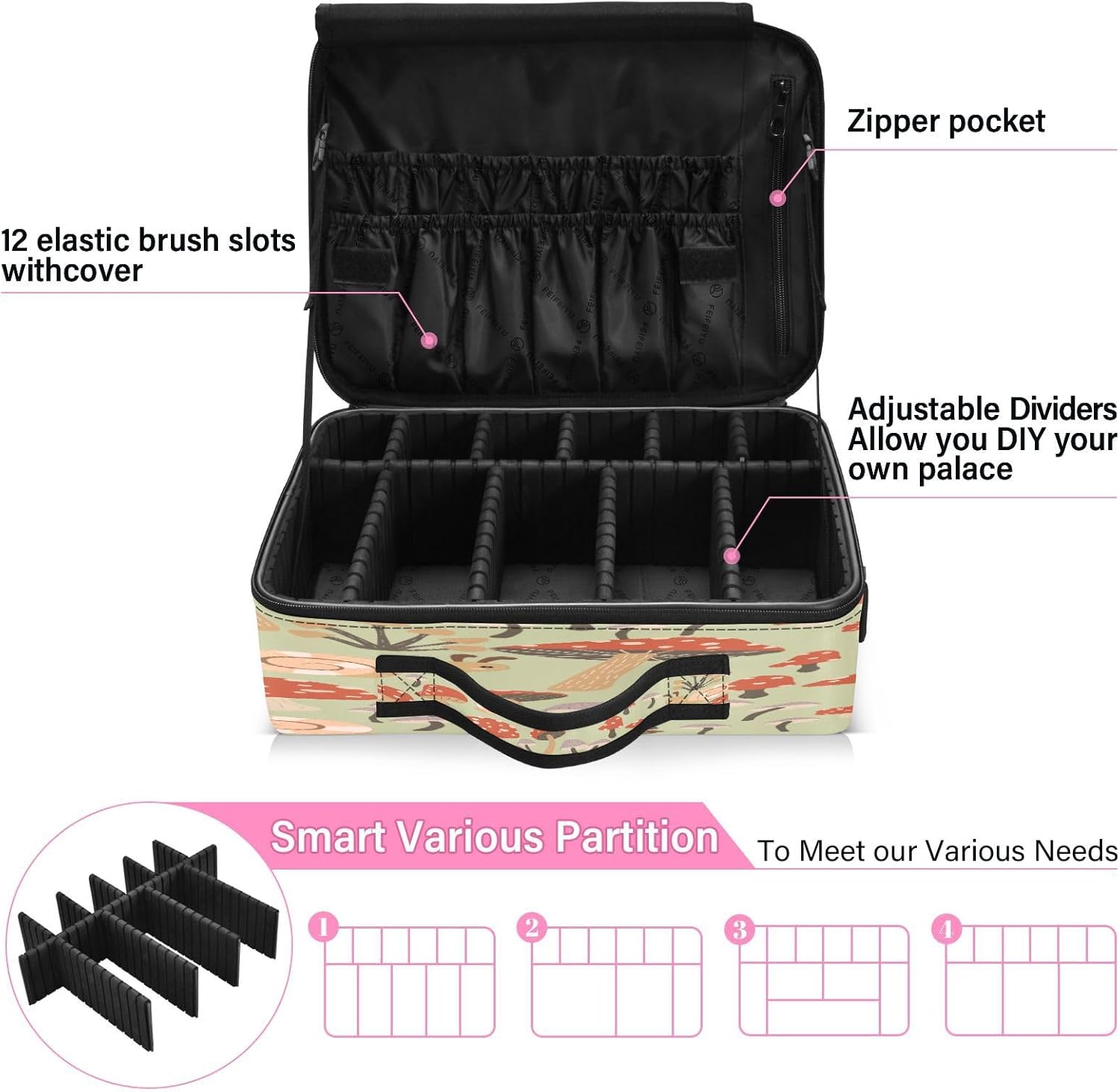Mushroom and Animals cosmetic bag with pockets make up bag travel makeup bag zipper makeup bag with zipper bolso para cosmeticos men mens woman