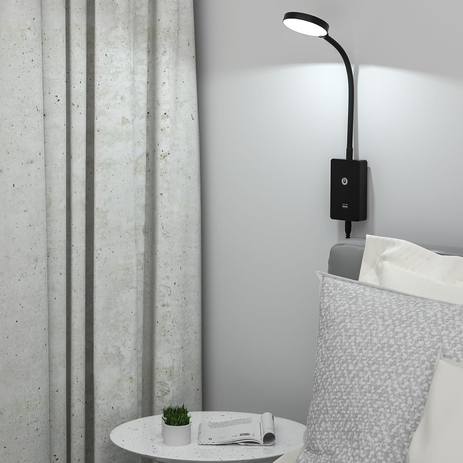 Luz de lectura LED de montaje en pared, lámpara de montaje en pared para interiores, lámpara negra de control táctil con salida USB de 5 V 2 A,