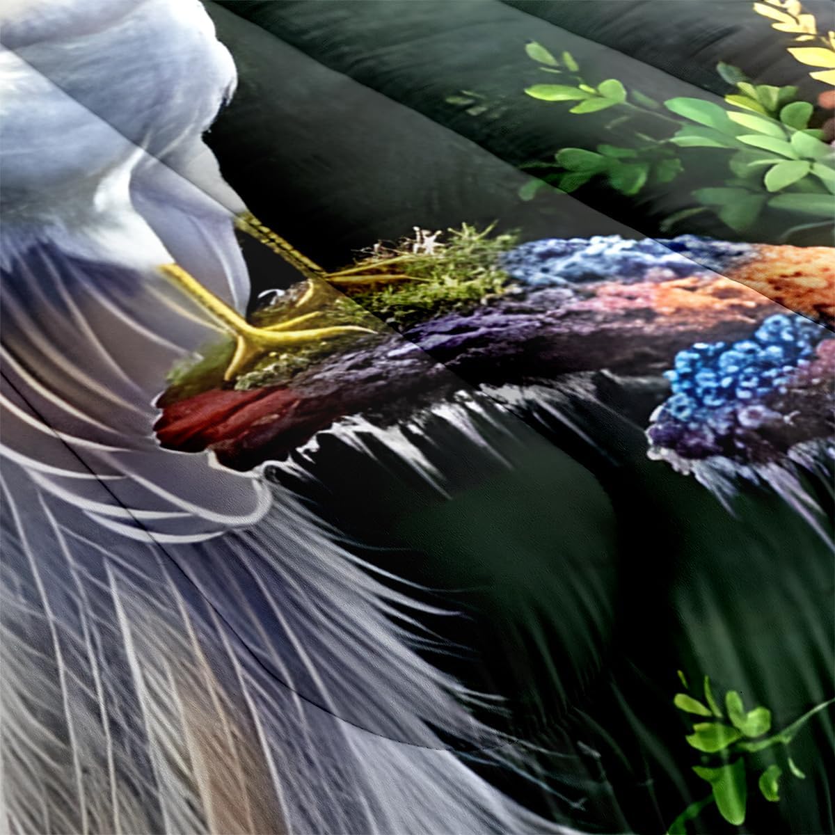 CCoutueChen Juego de edredón de 3 piezas con diseño de plumas de pájaros y animales en una bolsa, tamaño Queen, juego de edredón de pavo real blanco