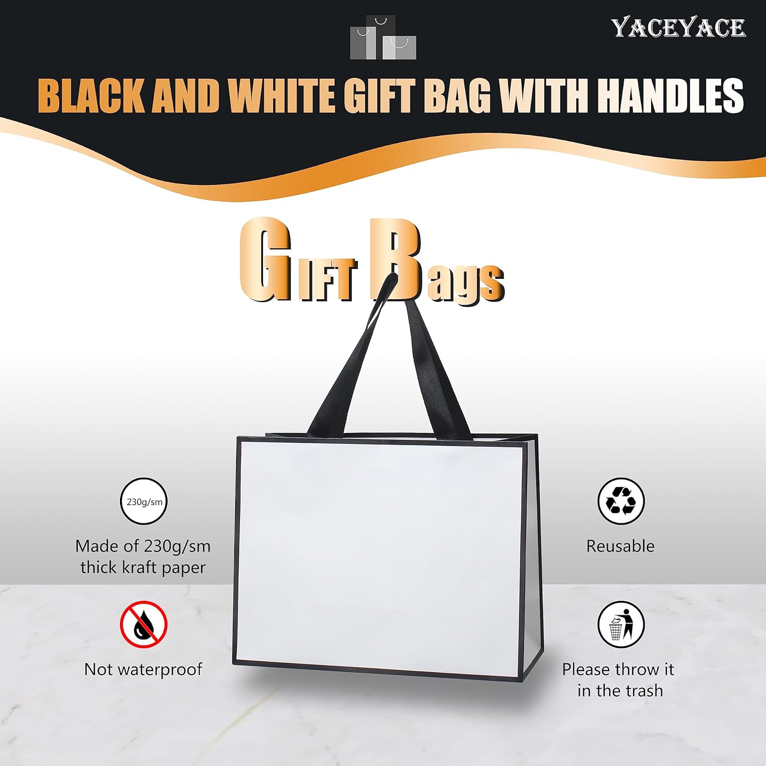 Bolsas de regalo en blanco y negro, 20 unidades, 10.5 x 4.25 x 8 pulgadas, medianas bolsas de regalo blancas y negras con asas de cinta, bolsas de