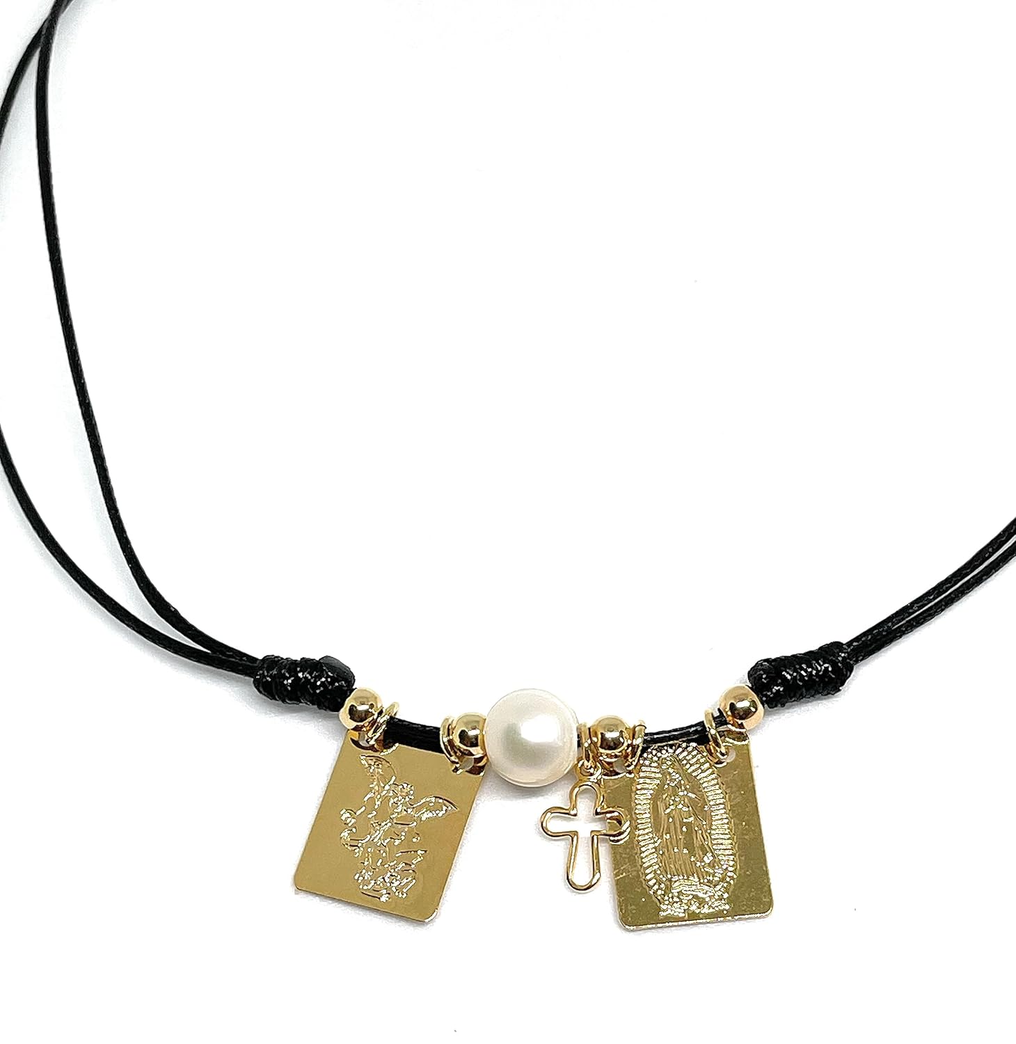 18k Gold Filled Scapular Leather Cord Choker Necklace Double Knotted Adjustable (Black)