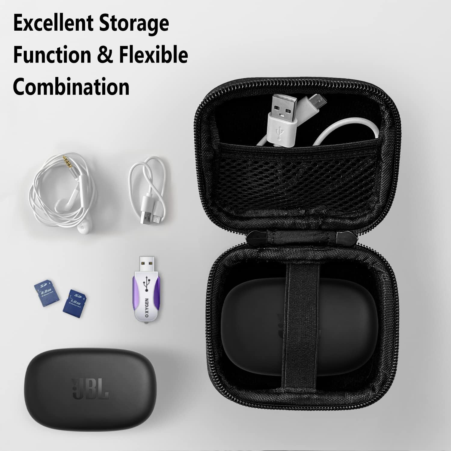 Geiomoo Estuche rígido para auriculares EVA, cubierta de almacenamiento portátil con mosquetón y correa (negro)