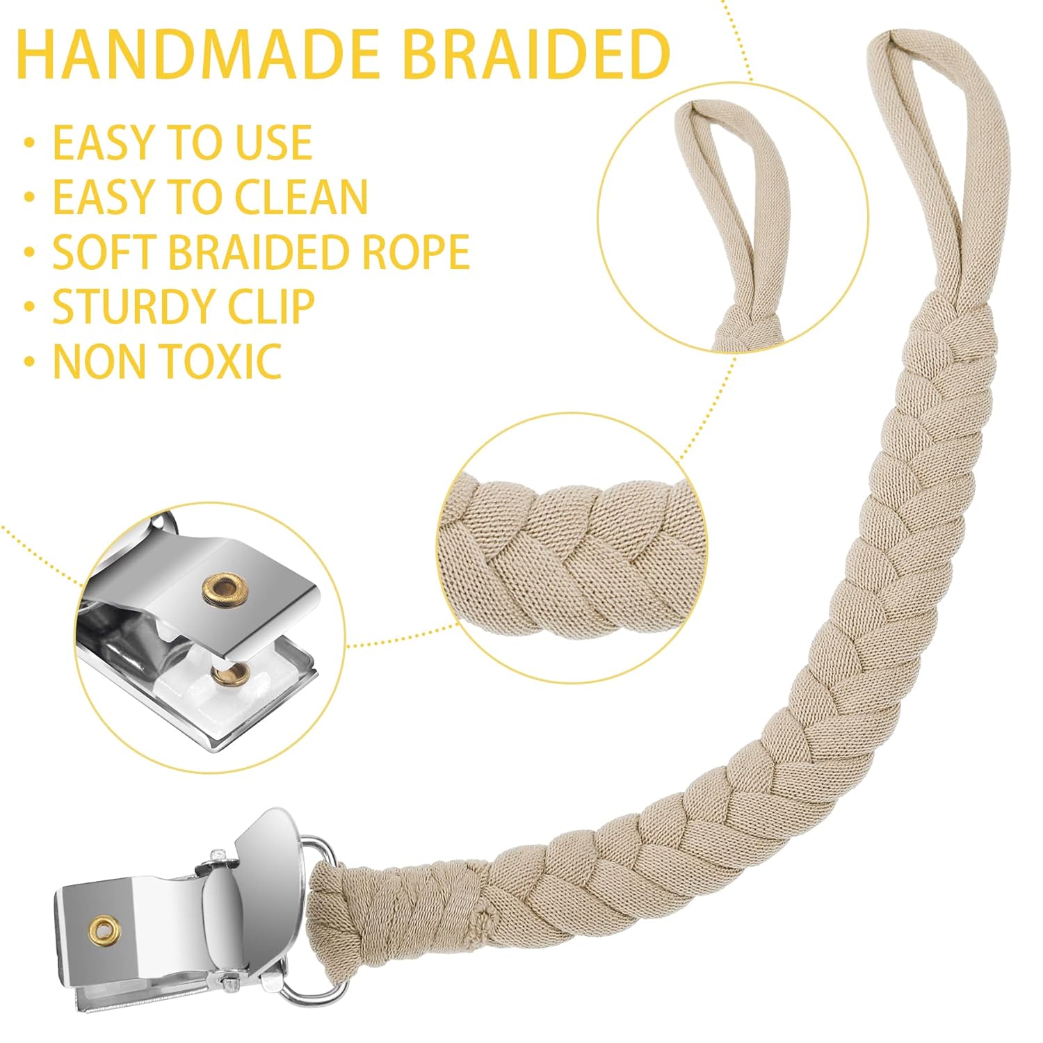 HAUTOCO 6 clips para chupete para bebés, niños y niñas, hecho a mano, trenzados, clips para correa, clips más suaves, clip neutro para paci, se