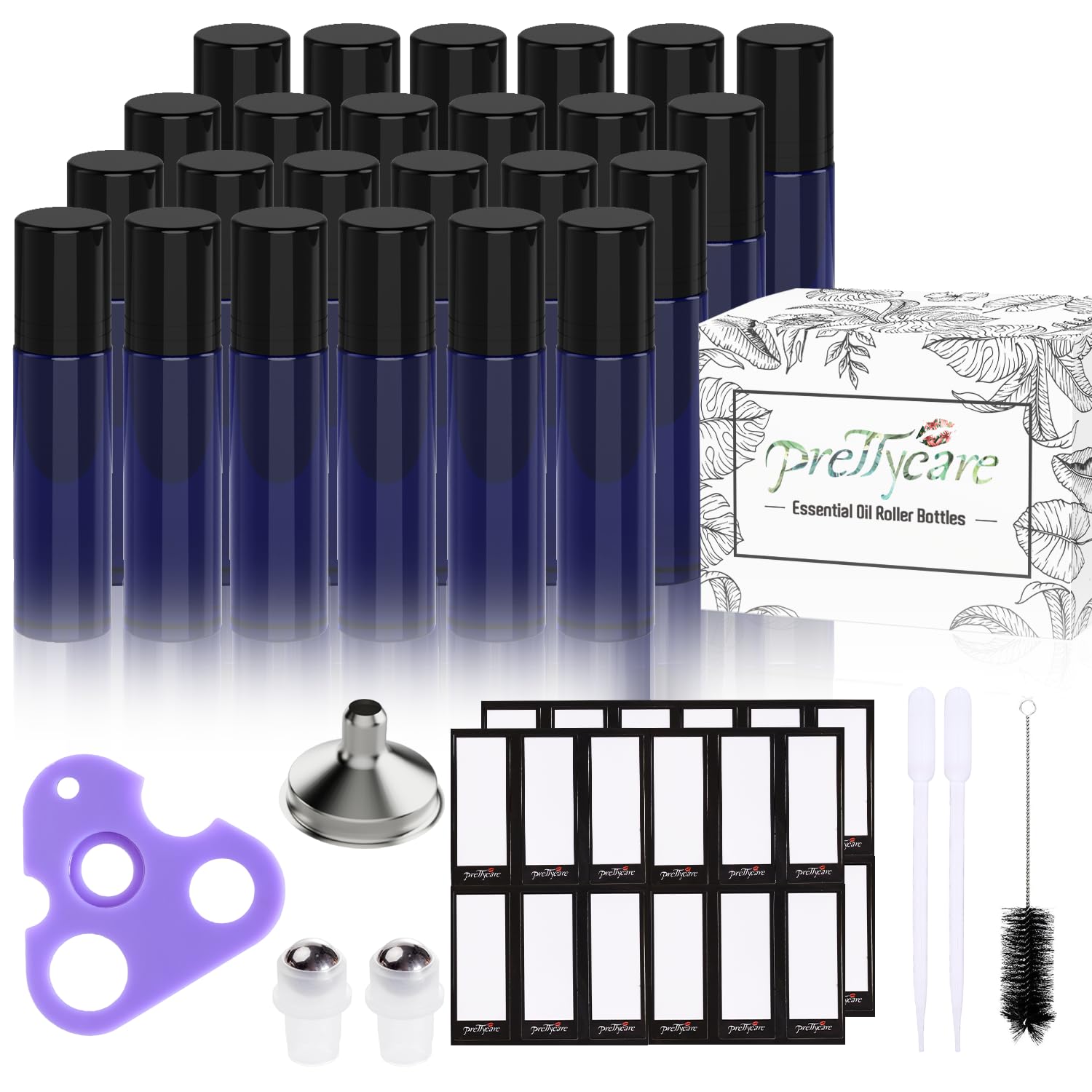 PrettyCare Botellas enrollables para aceites de 0.3 fl oz (vidrio azul, paquete de 24, 2 bolas de acero inoxidable adicionales, 2 goteros, 1 cepillo