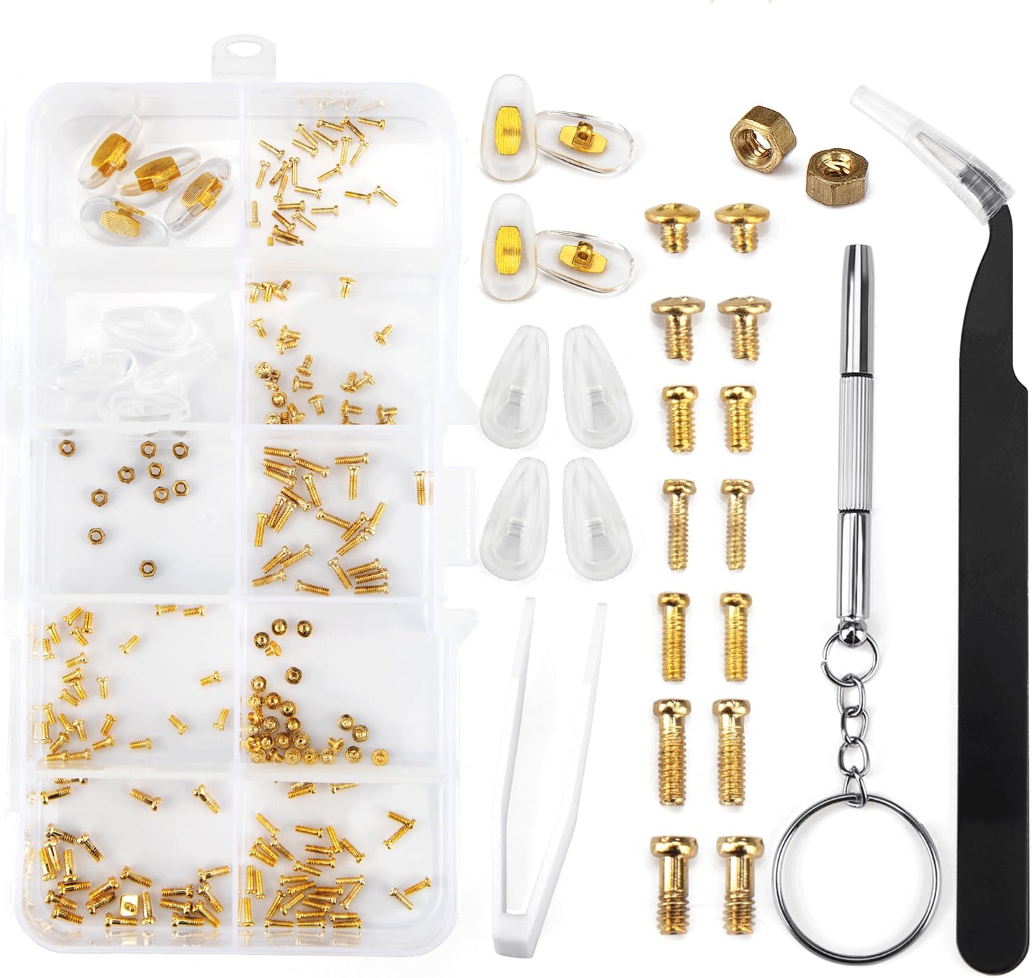 Kit de reparación de gafas, kit de reparación de cristales con tornillos dorados, almohadillas para la nariz, juego de destornilladores y marcos de
