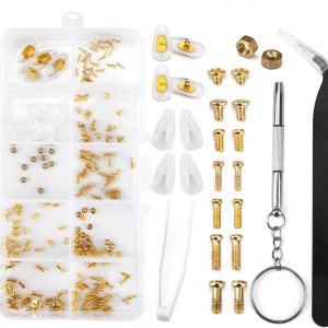 Kit de reparación de gafas, kit de reparación de cristales con tornillos dorados, almohadillas para la nariz, juego de destornilladores y marcos de Kit de reparación de gafas, kit de reparación de cristales con tornillos dorados, almohadillas para la nariz, juego de destornilladores y marcos de