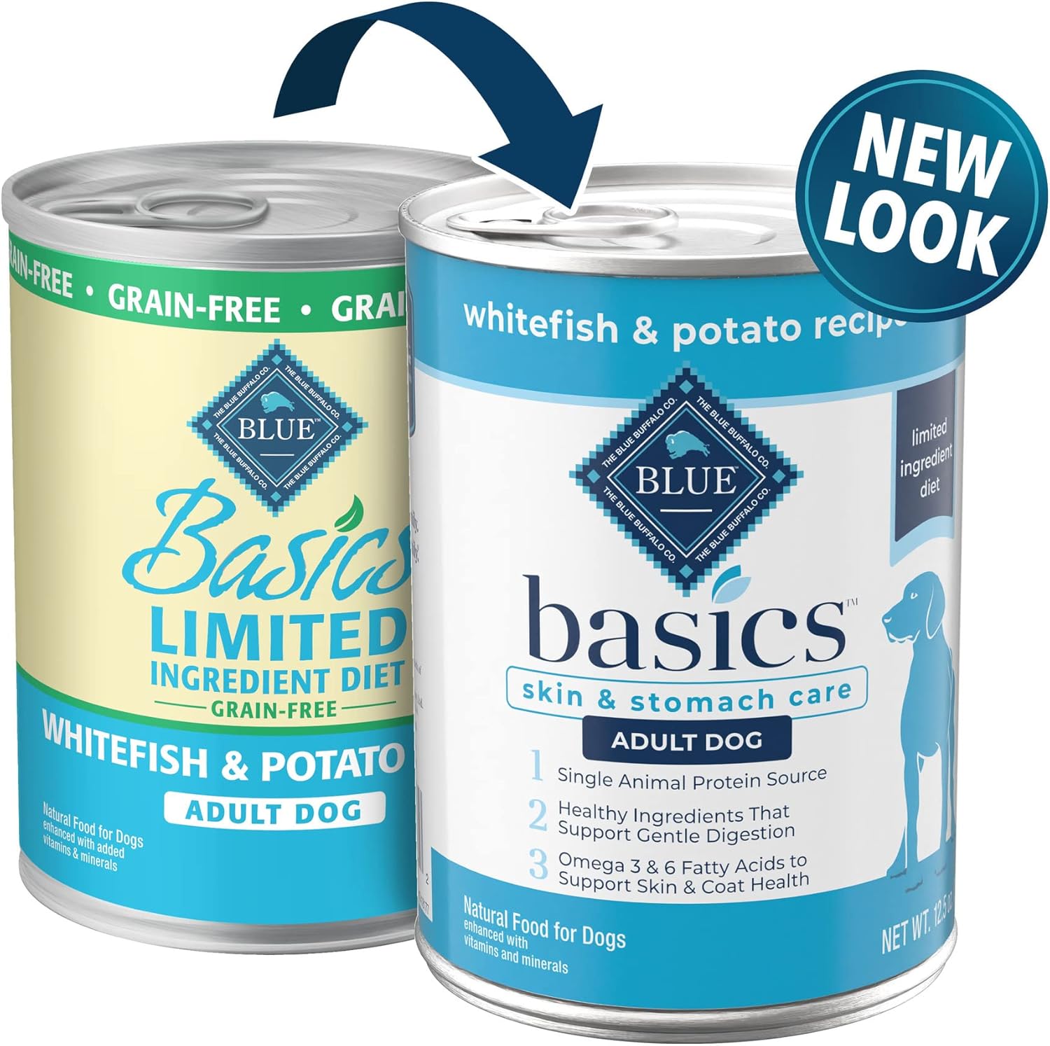 Blue Buffalo Basics Skin & Stomach Care, alimento húmedo natural para perros adultos, sin granos, latas de pescado blanco, latas de 12.5 onzas
