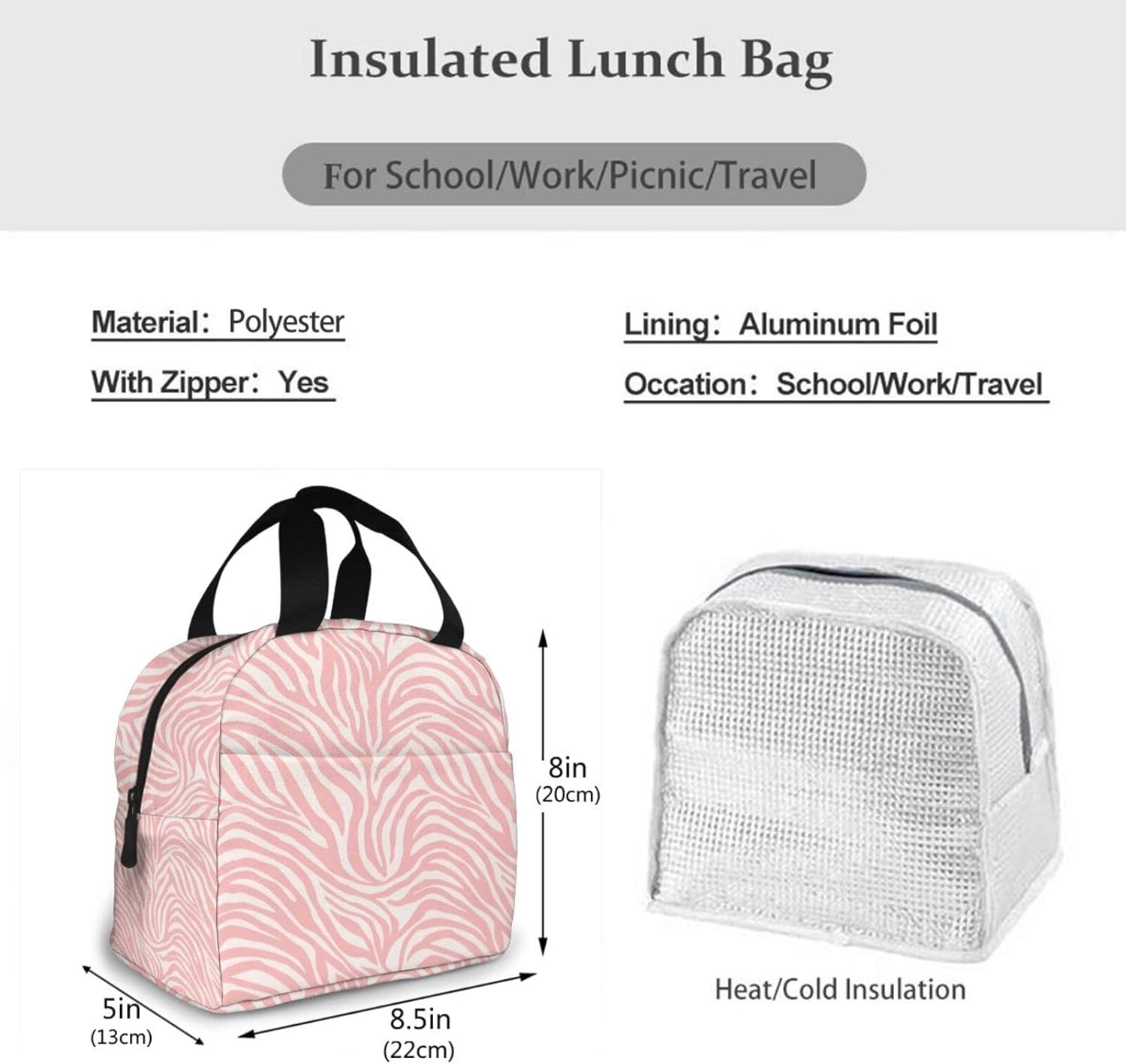 Bolsa de almuerzo portátil con estampado animal de cebra rosa para mujeres y hombres, bolsa de almuerzo reutilizable para