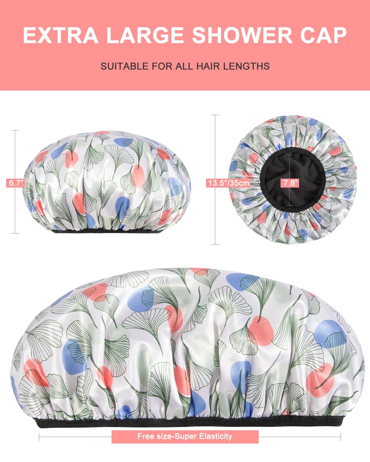 Aquior Gorro de ducha con forro de rizo para mujer, gorro de ducha reutilizable, triple capa impermeable, extra grande para mujeres de pelo largo