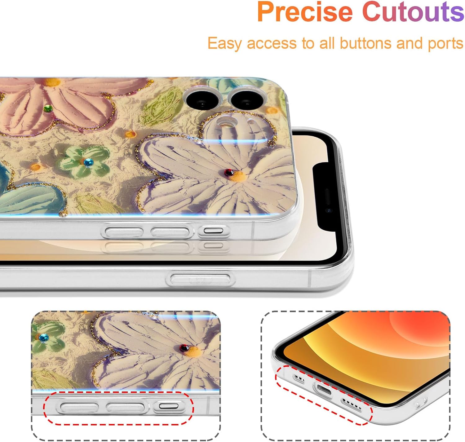 EYZUTAK Funda para iPhone 12, colorida pintura al óleo retro flor rayo láser patrón brillante lindo exquisito floral flor teléfono cubierta elegante