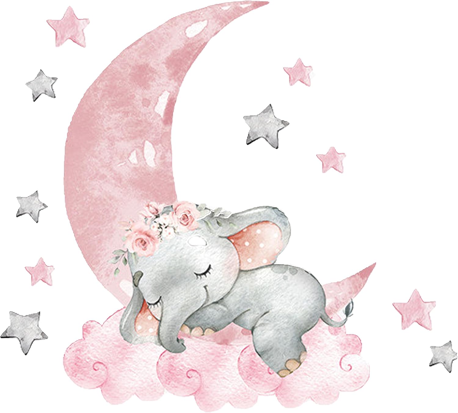 Lindas calcomanías de pared de elefante con luna rosa y estrellas, calcomanías de pared para guardería, habitación de niños, sala de estar,
