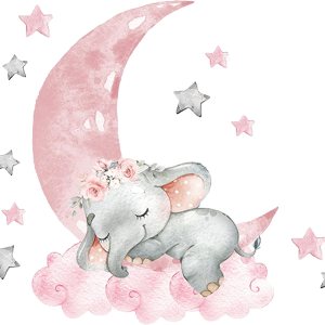 Lindas calcomanías de pared de elefante con luna rosa y estrellas, calcomanías de pared para guardería, habitación de niños, sala de estar, Lindas calcomanías de pared de elefante con luna rosa y estrellas, calcomanías de pared para guardería, habitación de niños, sala de estar,