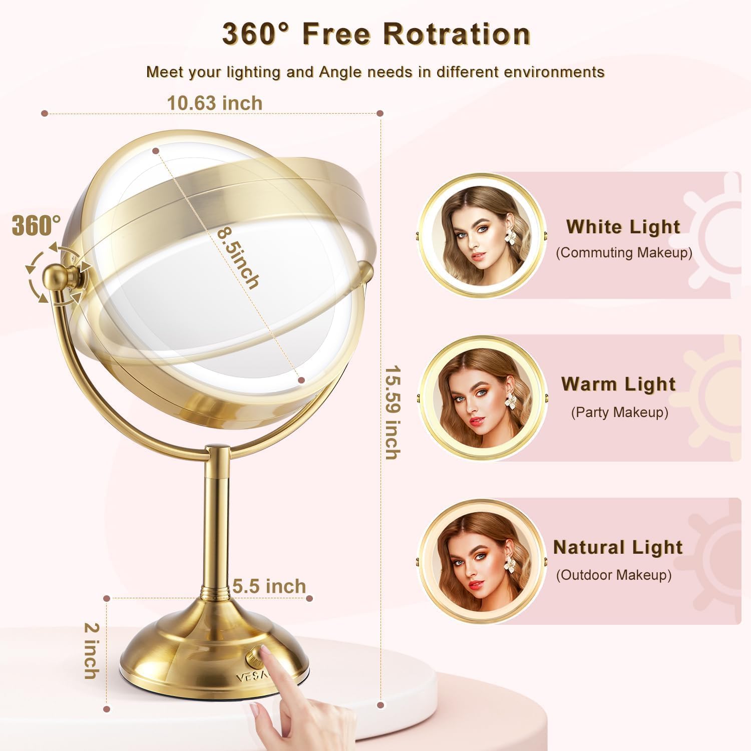 VESAUR Espejo de maquillaje iluminado de 8.5 pulgadas, 1X10X HD sin distorsión, espejo de maquillaje con lupa sin distorsión con luces, luces de 3