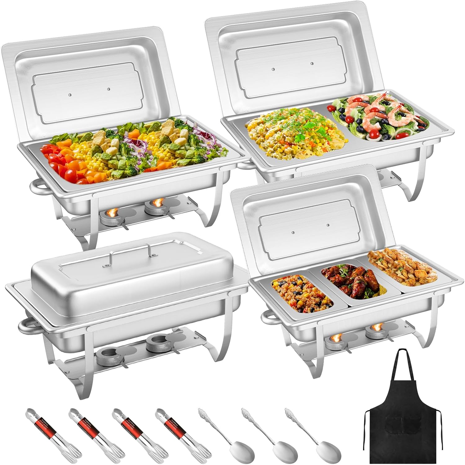 MEEZY Juego de 4 platos de bufé de 9 cuartos de galón de acero inoxidable con tamaño completo, tamaño medio, tercer tamaño, plegable, para catering,