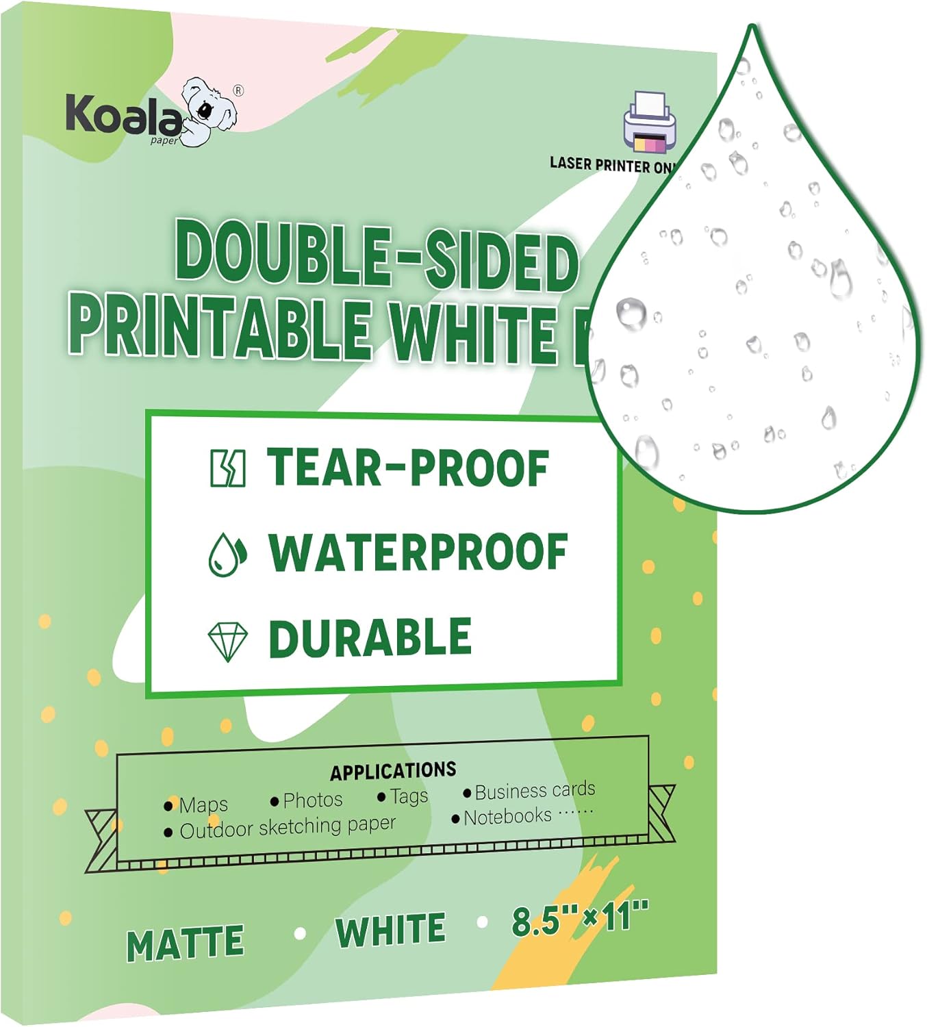 Koala – Papel impermeable para impresora láser, papel de impresora a prueba de desgarros, película blanca imprimible de doble cara mate de 8.5 x 11