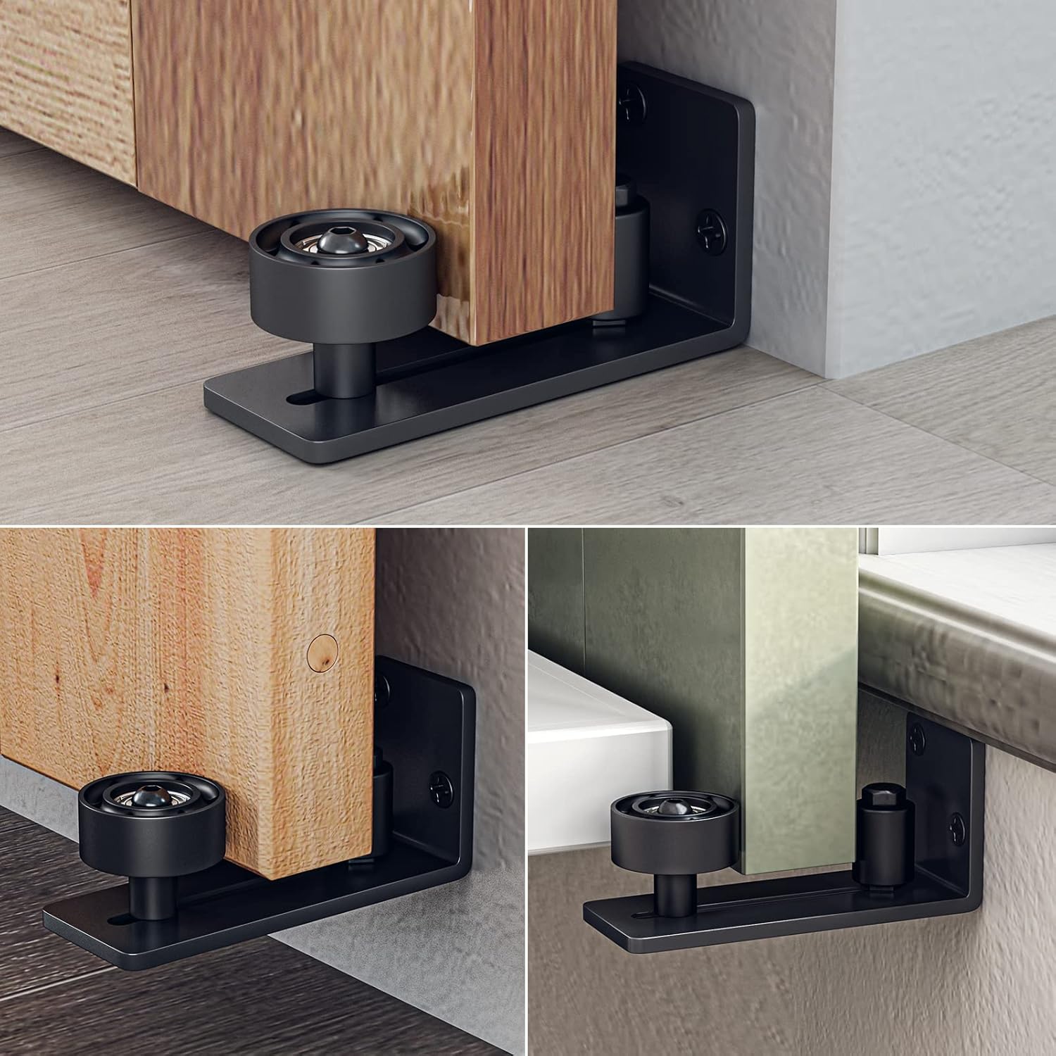 LDB_Building – Guía de piso de diseño de fondo negro para puerta corrediza de granero, sistema de montaje en pared antiarañazos con ruedas de