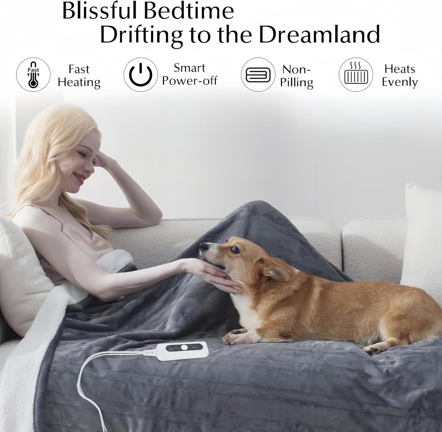 Manta térmica, manta térmica suave y acogedora para cama, sistema de seguridad automático, 6 niveles de calefacción y regalo de apagado automático