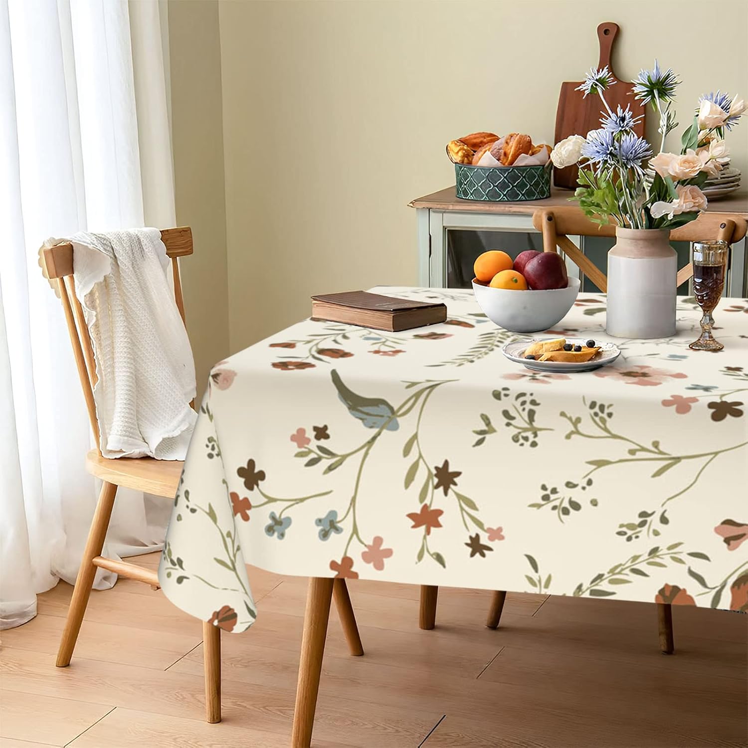 Spring Flowers Fabric Waterproof Tablecloth,Rectangle Watercolor Wrinkle Oil-Proof Resistant Table Cover for Dining Table,Modern Minimalist White