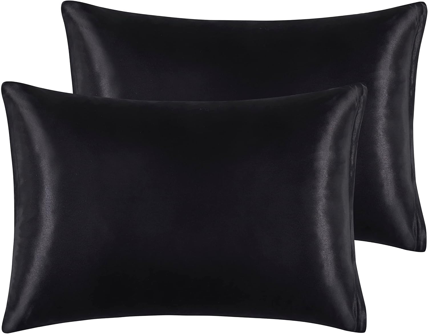Fundas de almohada de satén con cremallera (20 x 26), juego de 2 fundas de almohada de tamaño estándar, funda de almohada de seda negra para cabello