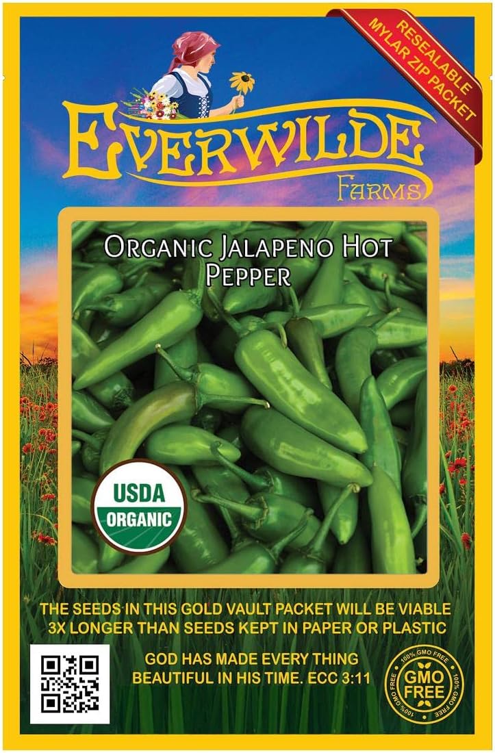 Everwilde Farms – 25 semillas de pimiento picante de jalapeño orgánico – Paquete Gold Vault